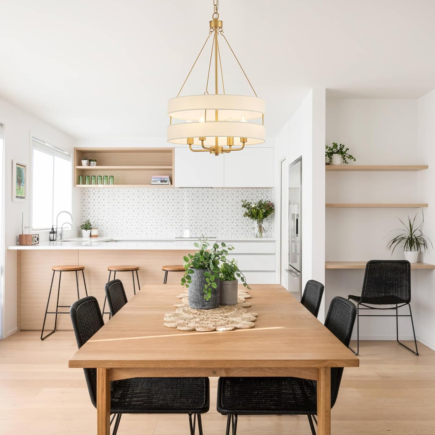 4-Light Rustic Drum Chandelier for Foyer, Gold Pendant Light Fixture with Fabric Shade, Modern Farmhouse Chandelier for Dining Room Entryway Bedroom