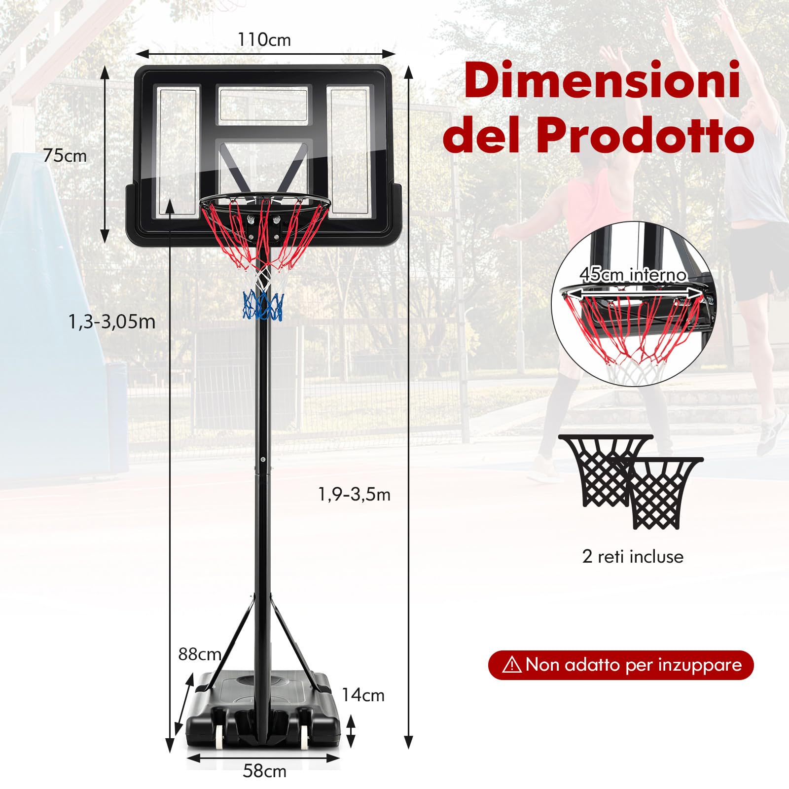 COSTWAY Canestro da Basket Regolabile in Altezza 130-305 cm, Resistente alle Intemperie con Tabellone da 110 cm, Canestro da Basket da Esterno ed Interno per Adulti e Adolescenti
