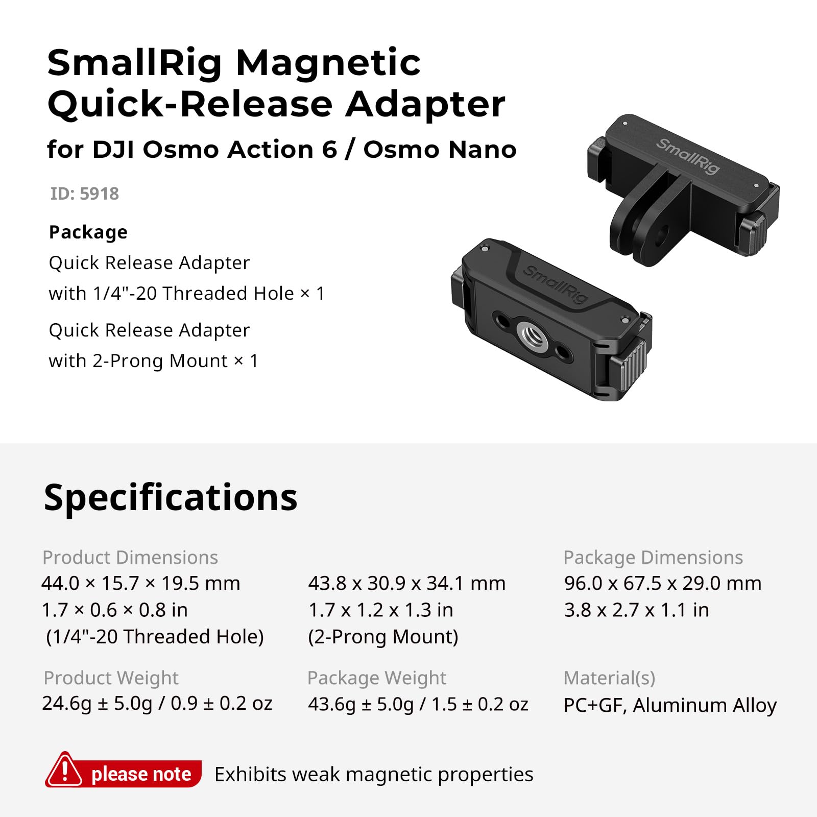 SMALLRIG Action 6 / Nano Adaptateur Magnétique à Dégagement Rapide pour DJI Osmo Action 6 / Osmo Nano, Lot de 2 avec Fixation à 2 Broches et Filetage 1/4"-20, pour Trépied/Perche à Selfie - 5918