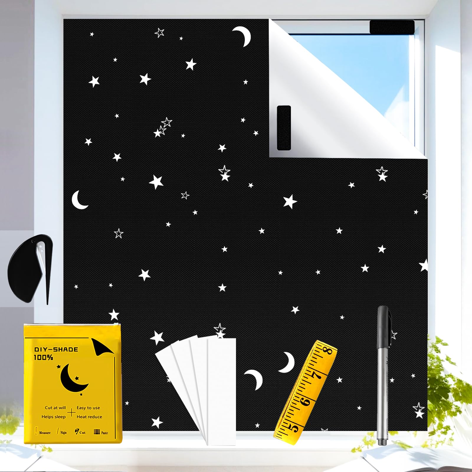 Portable Blackout Blind 145 x 200cm 100% Black Out Material Blackout Curtain Stick On Window for Baby Nursery, Bedroom, Window, Dorm Room, Office or Travel, Portable Blackout Shades