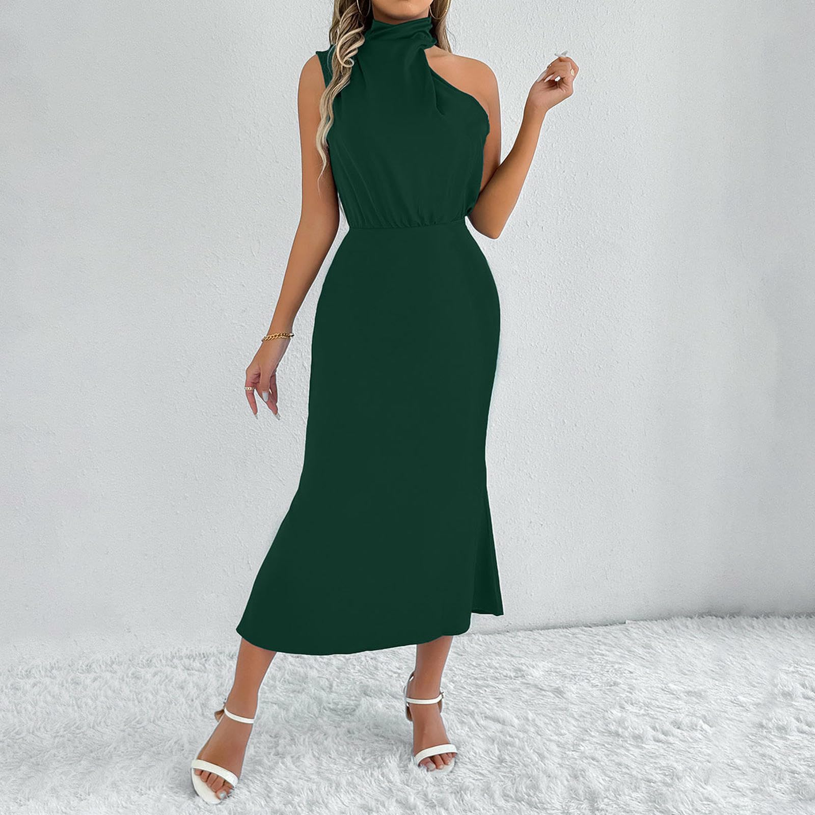 Abiti Abito Midi di Seta da Donna, Elegante Vestito Sexy per Matrimoni con Arrotolato Drappeggiato -Verde-XS