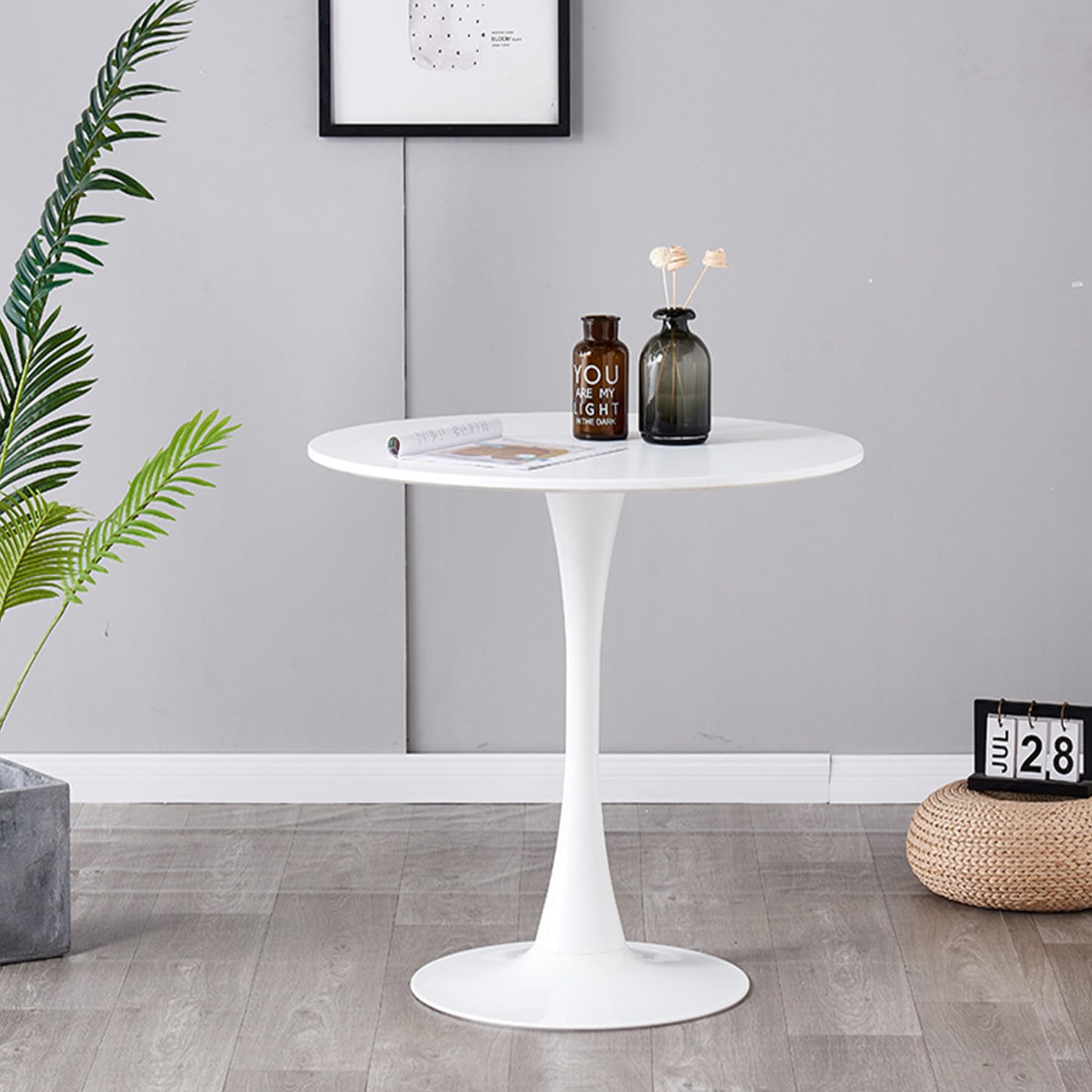 GrandCA HOME Table de Salle à Manger Ronde Moderne Blanc de 70 cm avec Piédestal Design Tulipe, Table de Loisirs Mid-Century pour Cuisine, Salle à Manger et Salon