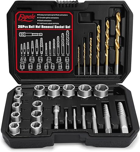 Eapele Juego de extractor de tornillos, enchufes giratorios para quitar tuercas peladas, se ajusta a unidad cuadrada de 38 pulgadas con estuche de