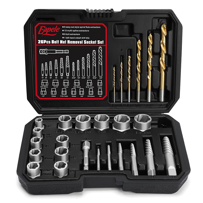 Kit extrator de parafusos e porcas espanados Eapele com brocas e extratores espirais, encaixe de 9,5 mm (3/8 pol.), 26 peças