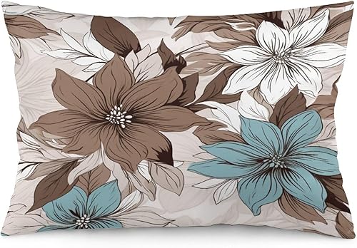 Funda de cojín lumbar decorativa marrón, crema, gris, verde azulado, floral, 20 x 30 pulgadas, flores de acuarela, rústicas, abstractas, modernas,