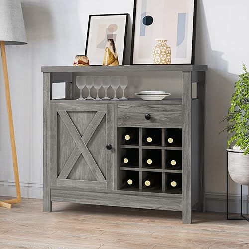 HOMBCK Gabinete de bar de vino, gabinete de café de granja con almacenamiento, armario de licor para el hogar con estante de vino, aparador de