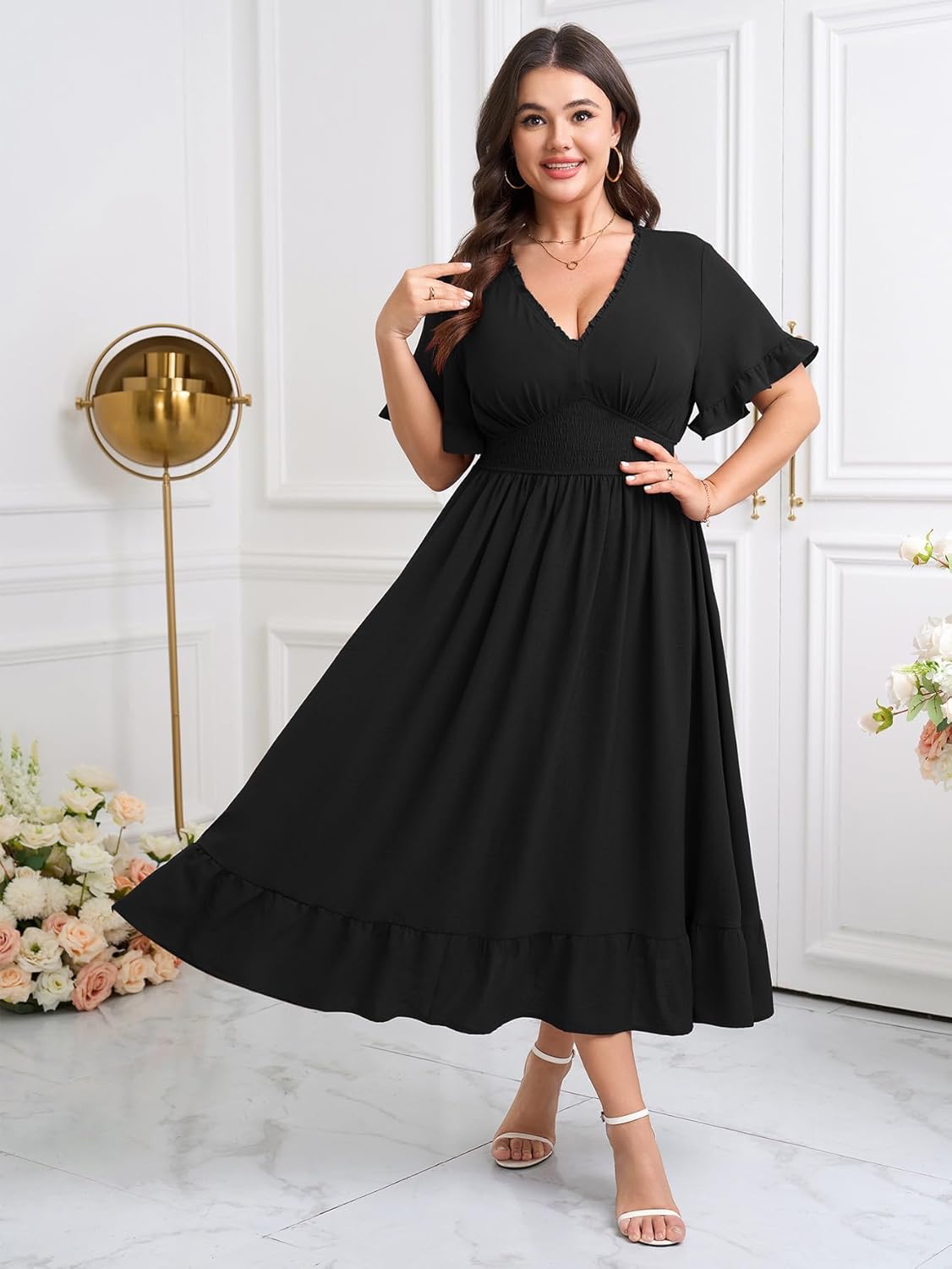 Women Plus Size V Neck Maxi Dress Short Sleeve Smocked Waist Ruffle Hem Flowy Summer Formal Wedding Guest Dresses - Image 6