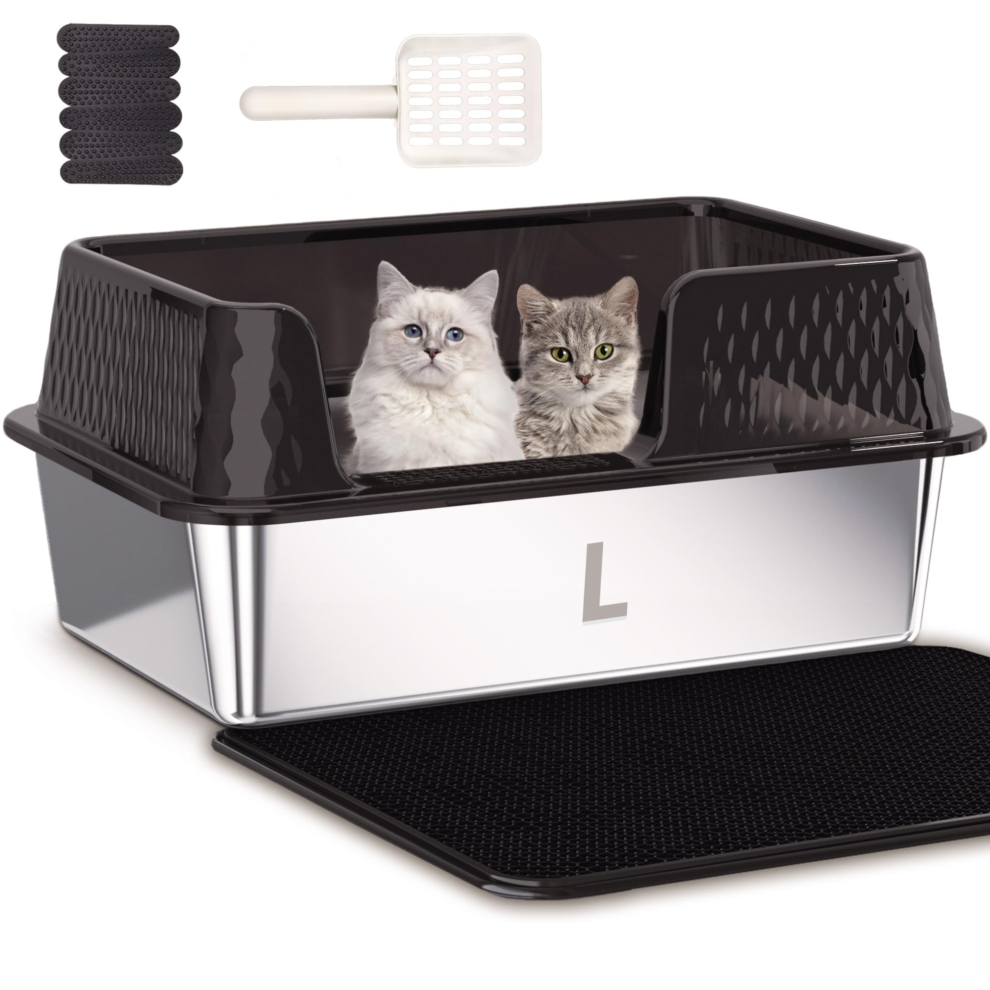 Pawsayes Stainless Steel Cat Litter Tray for All Cats Large Cat Litter Trays Anti-Splash High Wall Sided Enclosure Cats Litter Box (50x35x25 cm) (Transparent)