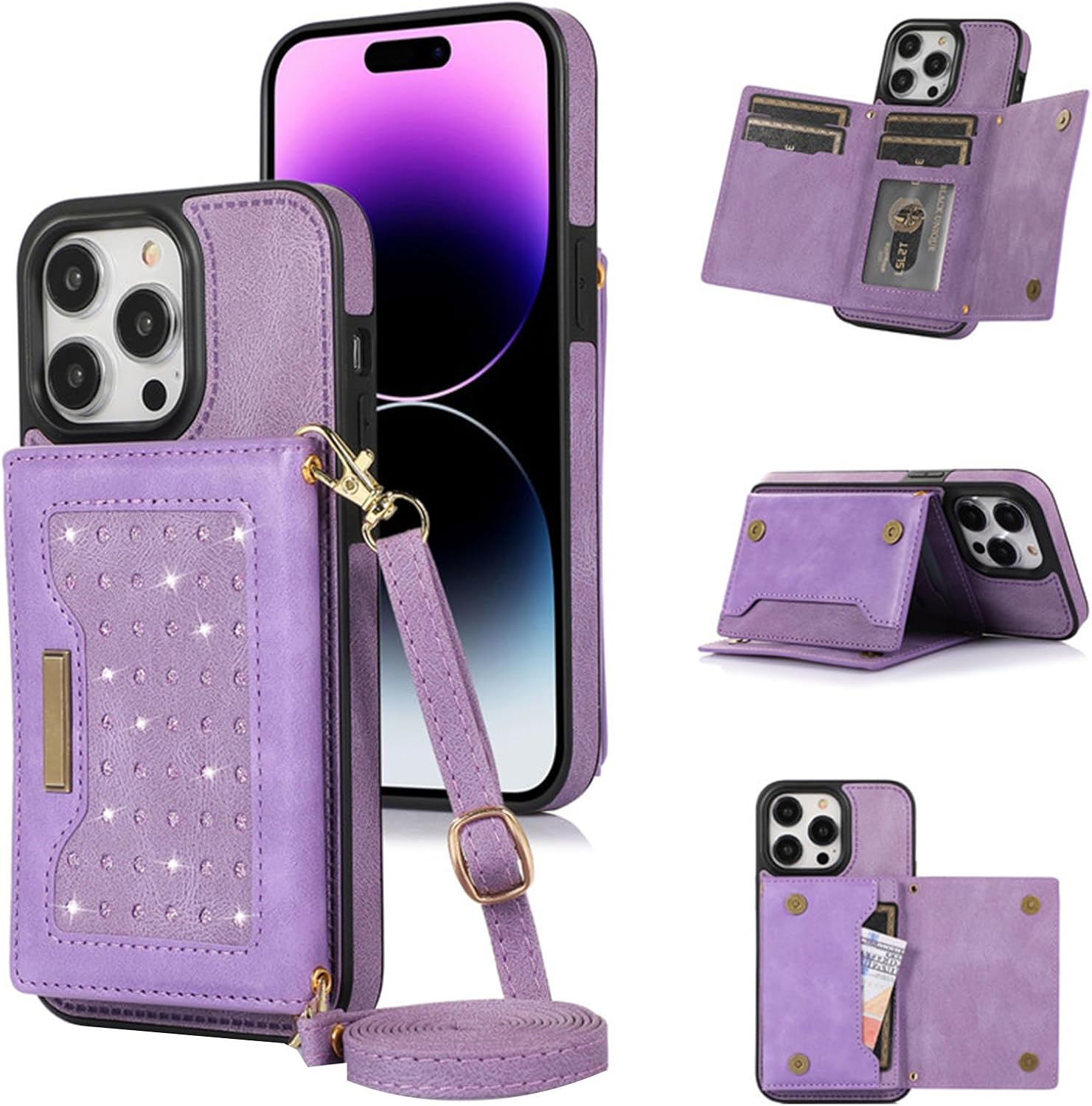 Crossbody Wallet Case for iPhone 15 Pro Max/15 Pro/15 Plus/15, Bling Glitter Flip Leather Magnetic Purse Phone Case with Kickstand Shoulder Strap for Women Girl