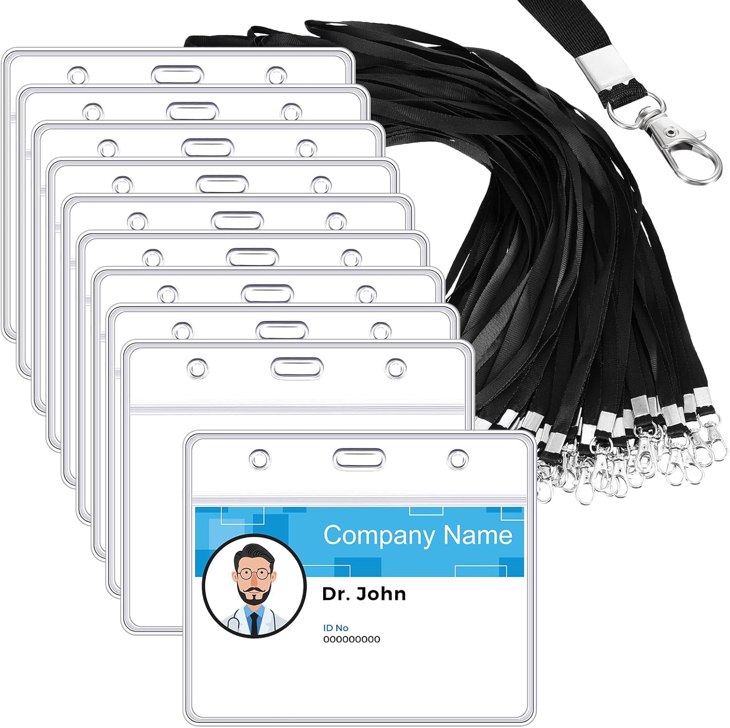 E&EY 50 Sets Clear Plastic Name tag Holder with Lanyard, Flat lanyards