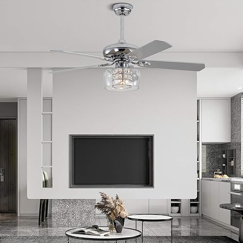 Miniatura 6 de Ventilador de techo de cristal de 52 pulgadas con luces, lámpara de araña moderna, pantalla de cristal, ventilador de techo con aspas de madera, 3