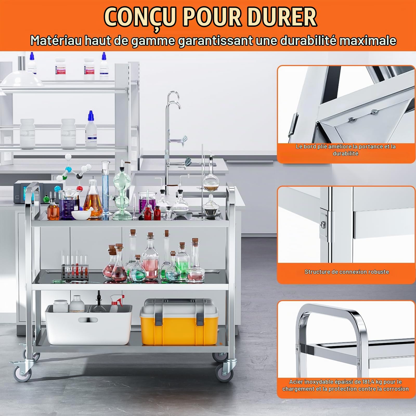 Desserte de Cuisine Chariot Roulettes75x40x83.6 cm, 3 étagères, Acier INOX,Charge 181 kg, 4 Roues Pivotantes 2 avec Freins Déplacement Silencieux pour Rangement Clinique Cuisine Hôtel Salon de Beauté