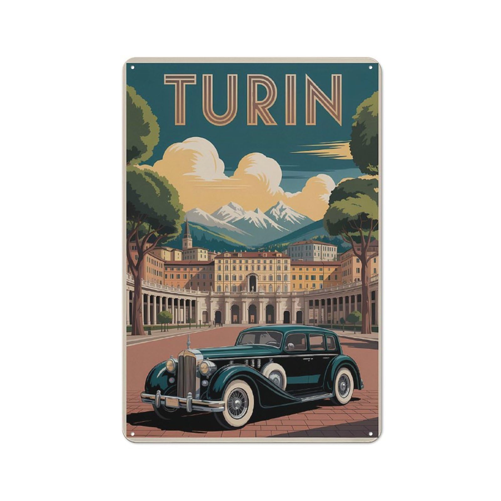 Retro Metal Plaque 30x20cm Featuring Turin Vintage Travel for Workshop Wall, for Metal Sign Collectors, for Garage And Workshop Walls