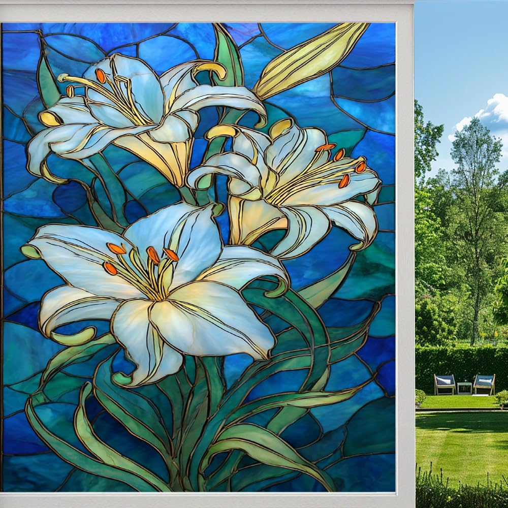 Pmlbaous Retro Lily Frosted Window Film, Abstract Flower Plants Stained Glass Privacy Film, Heat Insulation Self-Adhesive Vinyl For Bathroom Office, （80X140cm）