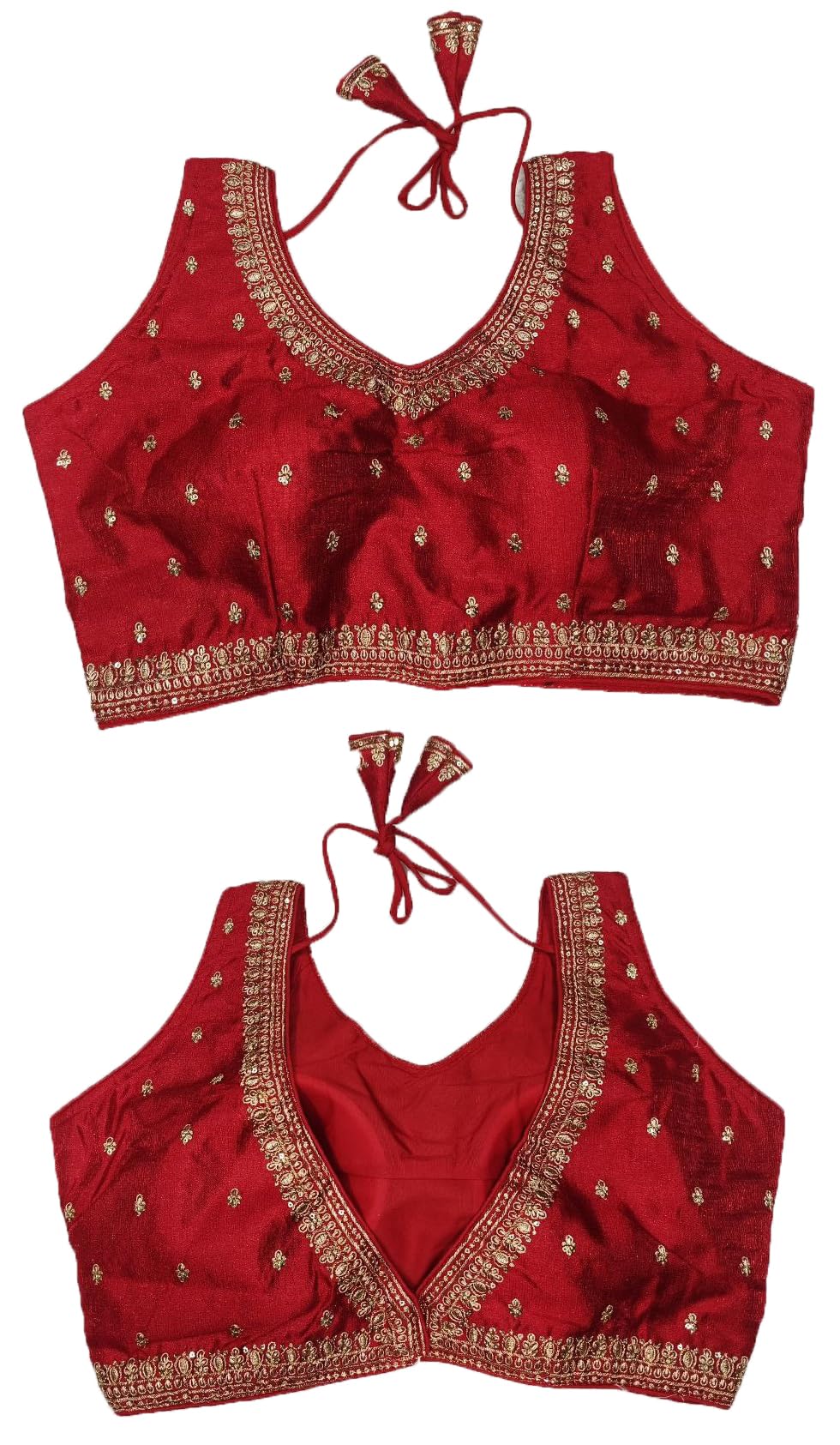 Pujia Mills Women's Indian Ethnic Wear Designer Golden Zari Embroidery With Sequence Work V Neck Sleeveless Readymade Worked Saree Blouse Readymade Red Color Blouse For Lehenga Choli