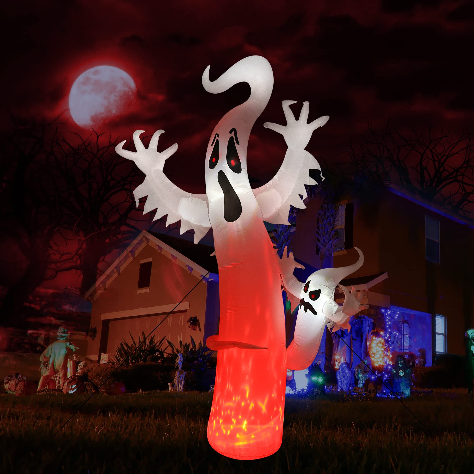 Toodour 8 FT Halloween Inflatables Outdoor Decorations Ghost - Blow Up Yard Decorations for Halloween Party, Built-in Red LED Disco Lights, Inflatable Ghost Decor for Outdoor Halloween Garden
