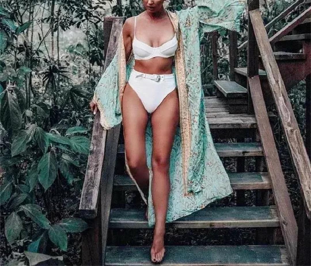 Wjnvfioo Moda Donna EN8 Stampa Manica Pipistrello Spiaggia Bohemian Kimono Scollo a V Robe Bikini Cover-Up