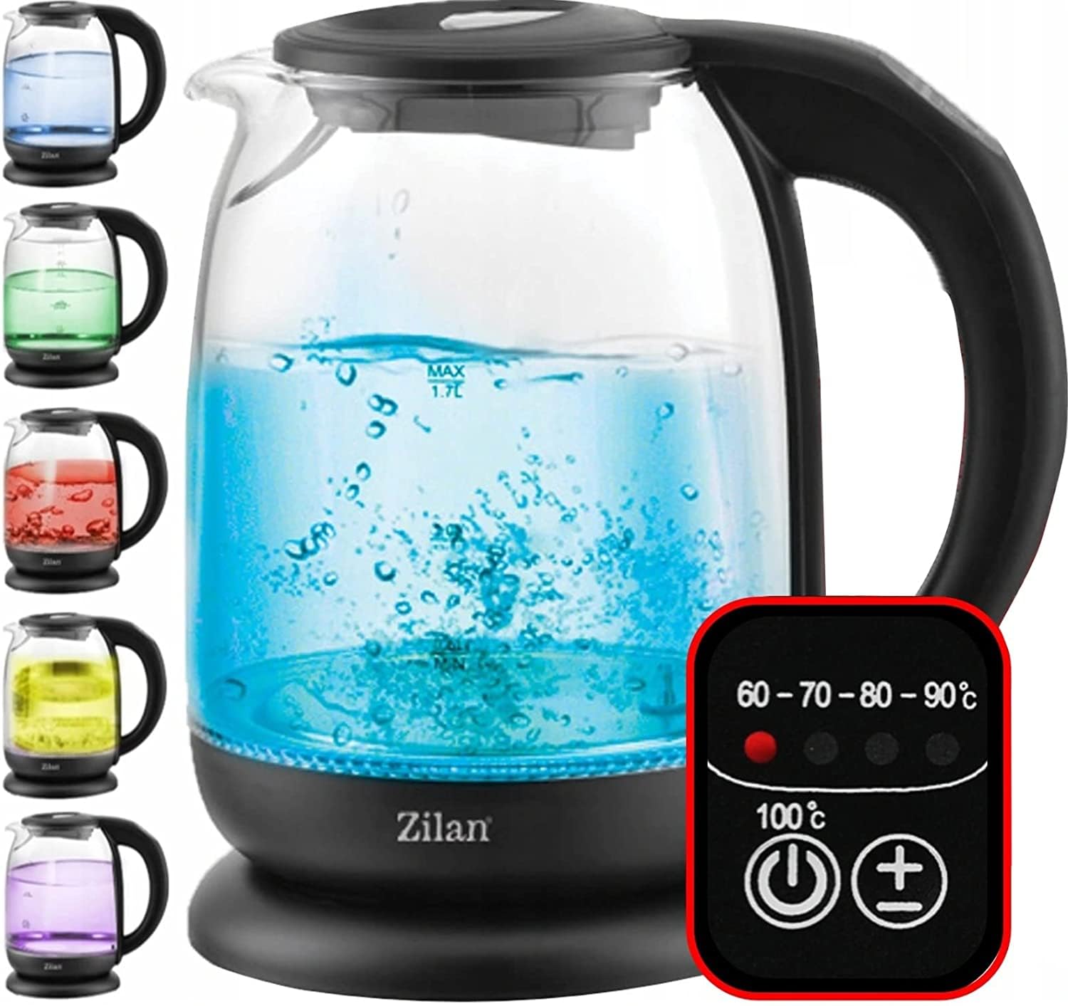 Bouilloire en verre numérique LED 1.7L 2200W 5 réglages température sans fil 360°