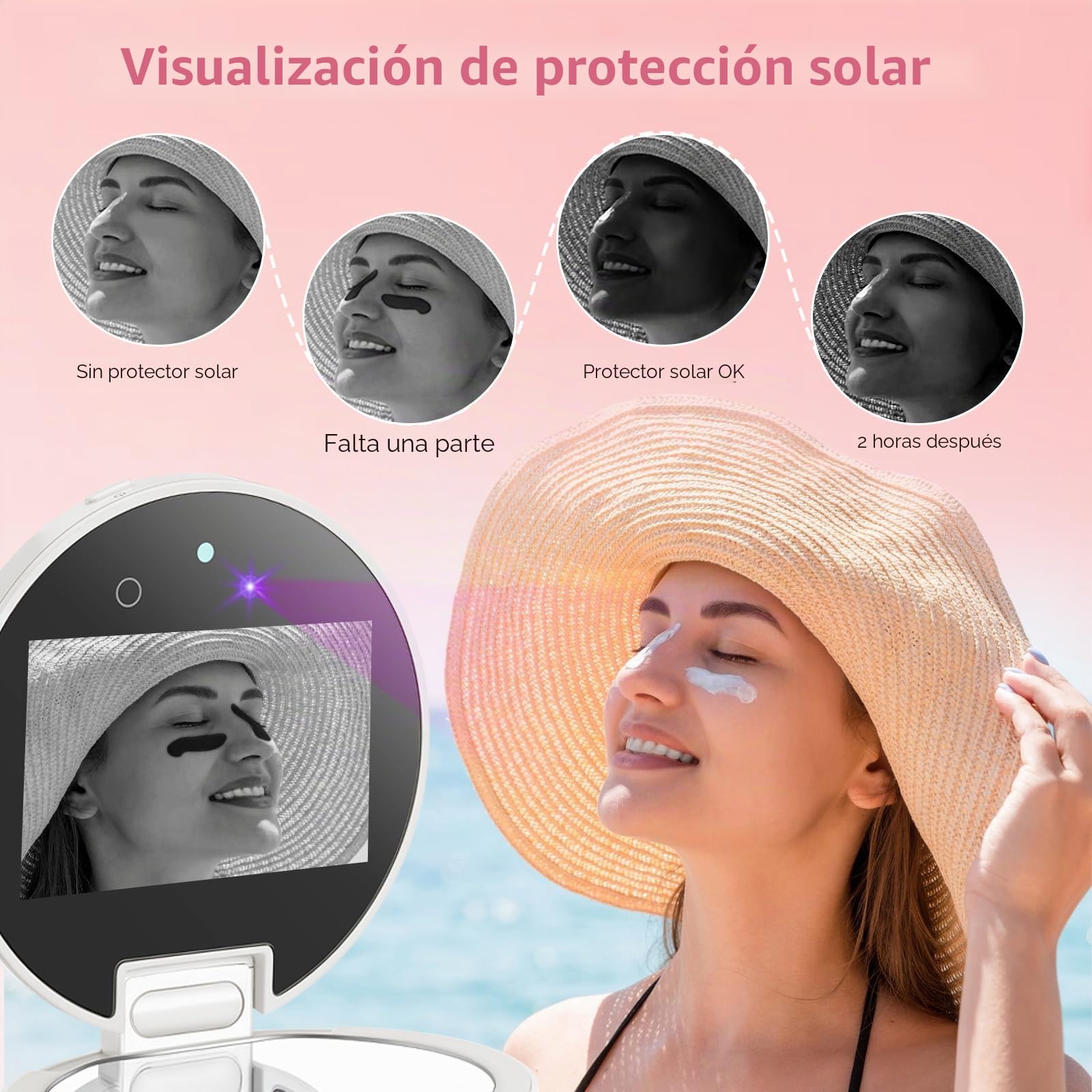 Vanexiss Cámara UV para prueba de protector solar, espejo UV, cámara de protección solar, recargable de 3.8 pulgadas, espejo de tocador de aumento 2X con luz, espejo de bolsillo de doble cara para