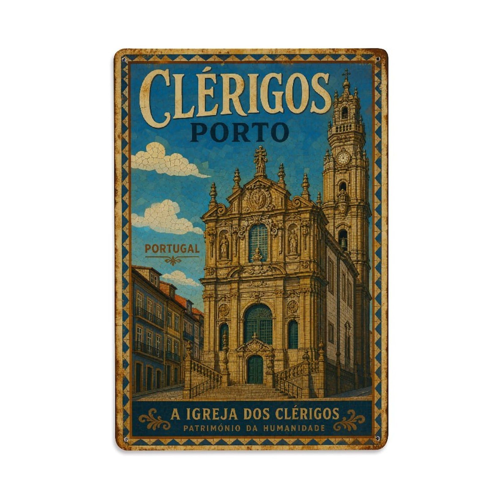Huiyhb 8X12inch(20X30cm) Vintage Travel Clerigos Church Baroque Architecture Portugal Metal Tin Sign