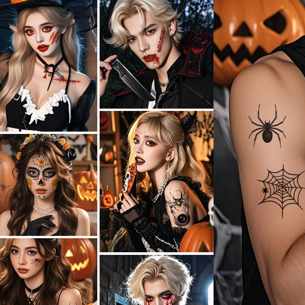 100 sztuk tatuaży tymczasowych pająków, tatuaż na Halloween, tatuaż na karnawał, pajęczyny, twarz, tatuaże na maskaradę, punk, imprezę, make-up, imprezę przerażającą
