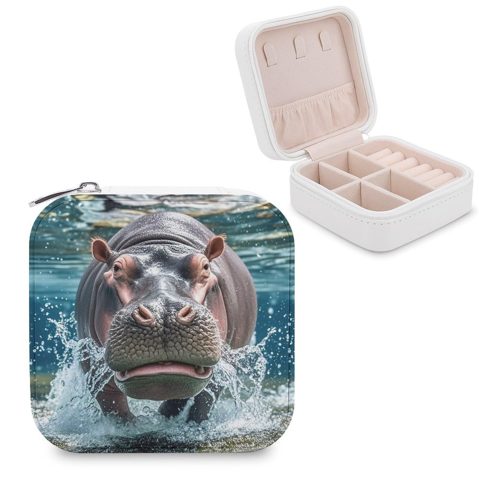 FekiLoot Diving Hippo Jewelry Case Personalized Leather Jewelry Box Mini Travel Jewelry Case Small Portable Jewelry Organizer for Ring Earrings Necklace Bracelet