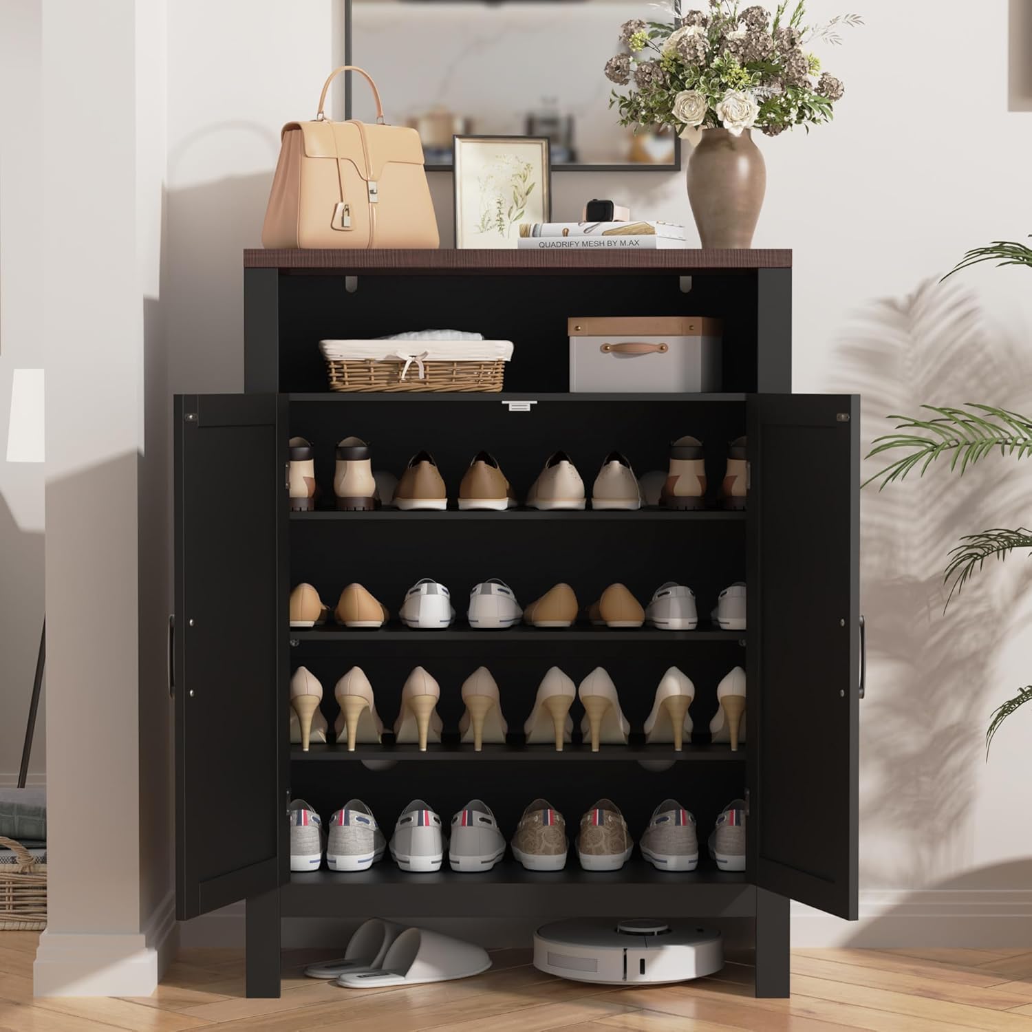 MHOM Farmhouse Shoe Cabinet with Doors, 5 -Tier Shoe Storage Cabinet with Adjustable Shelves, 43.3" Tall Shoe Rack Cabinet for Entryway, and Hallway, Black