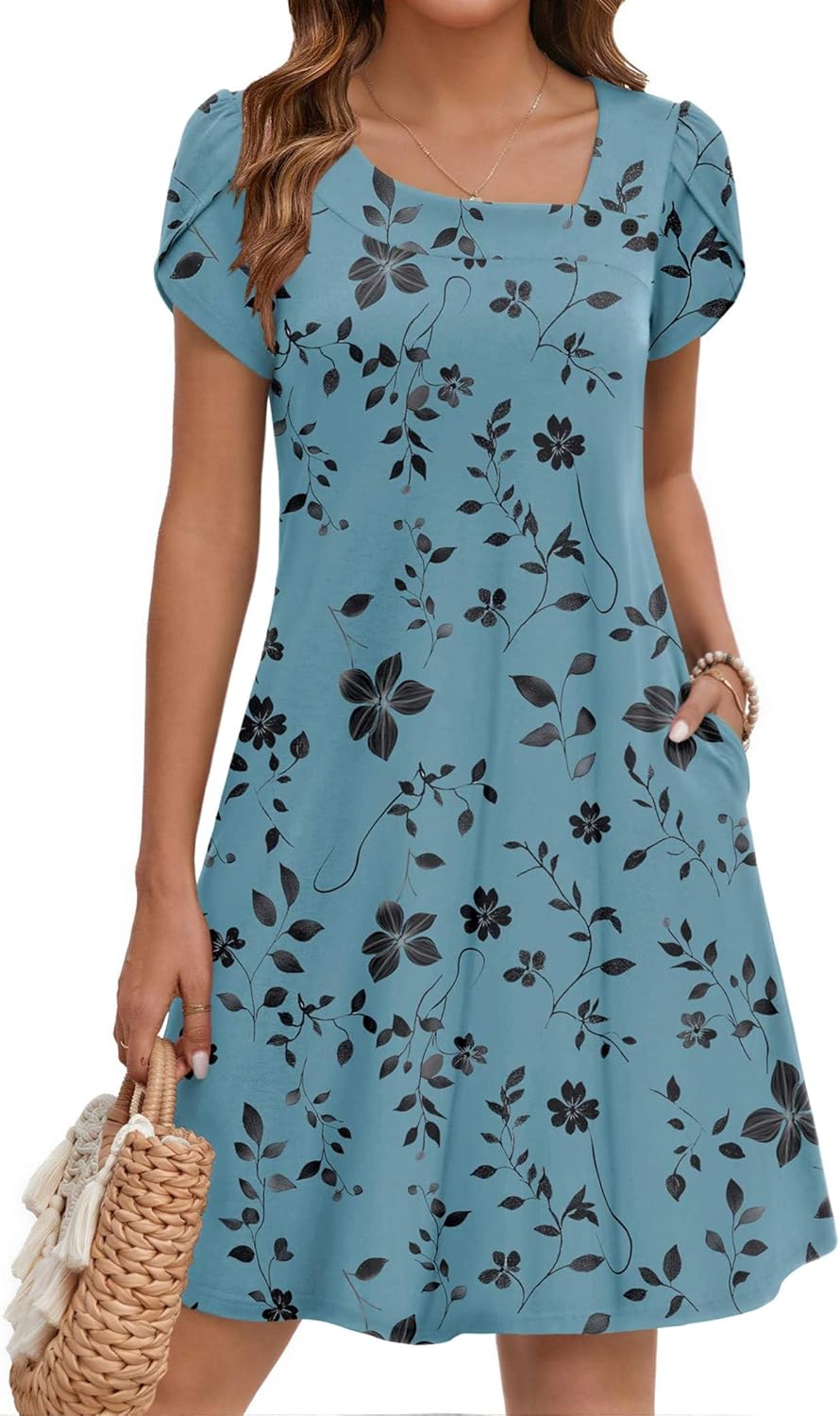 ZEAGOO Summer Dresses for Women 2026 Sundress Short Petal Sleeve Dress with Pockets Floral Dresses for Casual