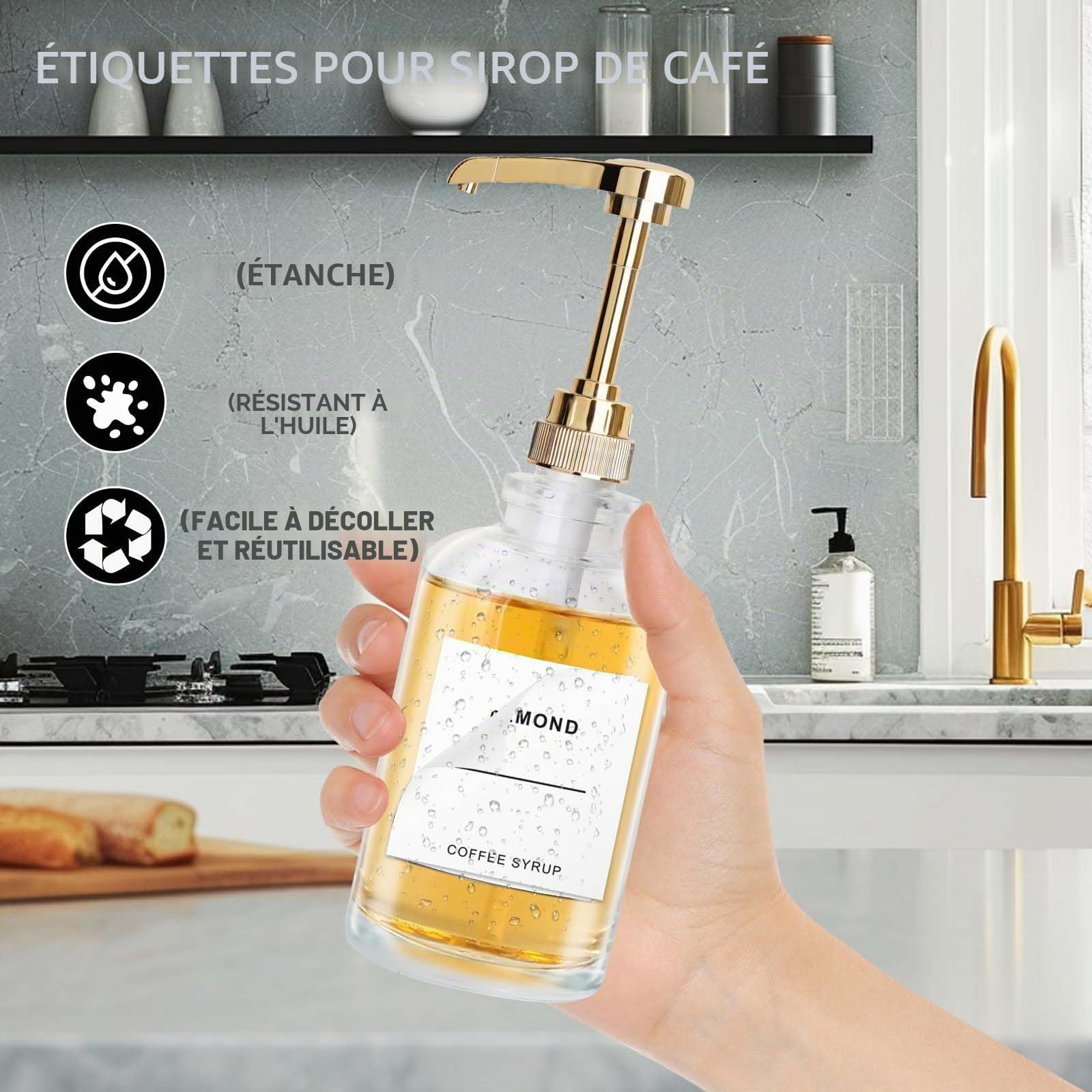 Sunal Distributeur de sirop de café, doré, 500 ml, lot de 2 bouteilles de sirop en verre, distributeur de sirop avec pompe de grande capacité de 0,6 g et 36 étiquettes étanches et entonnoir pour