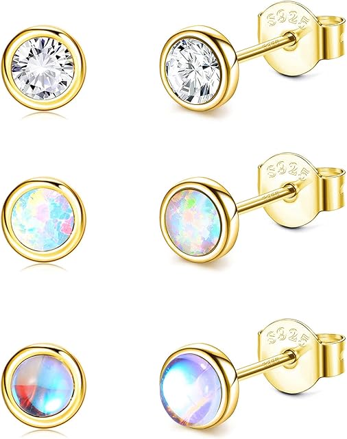 CASSIECA 3 Pairs 925 Sterling Silver Stud Earrings for Women Girls Kid Moonstone Earrings Opal Cubic Zirconia Earrings Tiny Small Earrings Set Hypoallergenic Earrings CZ Piercing Jewelry Gift Size 4mm