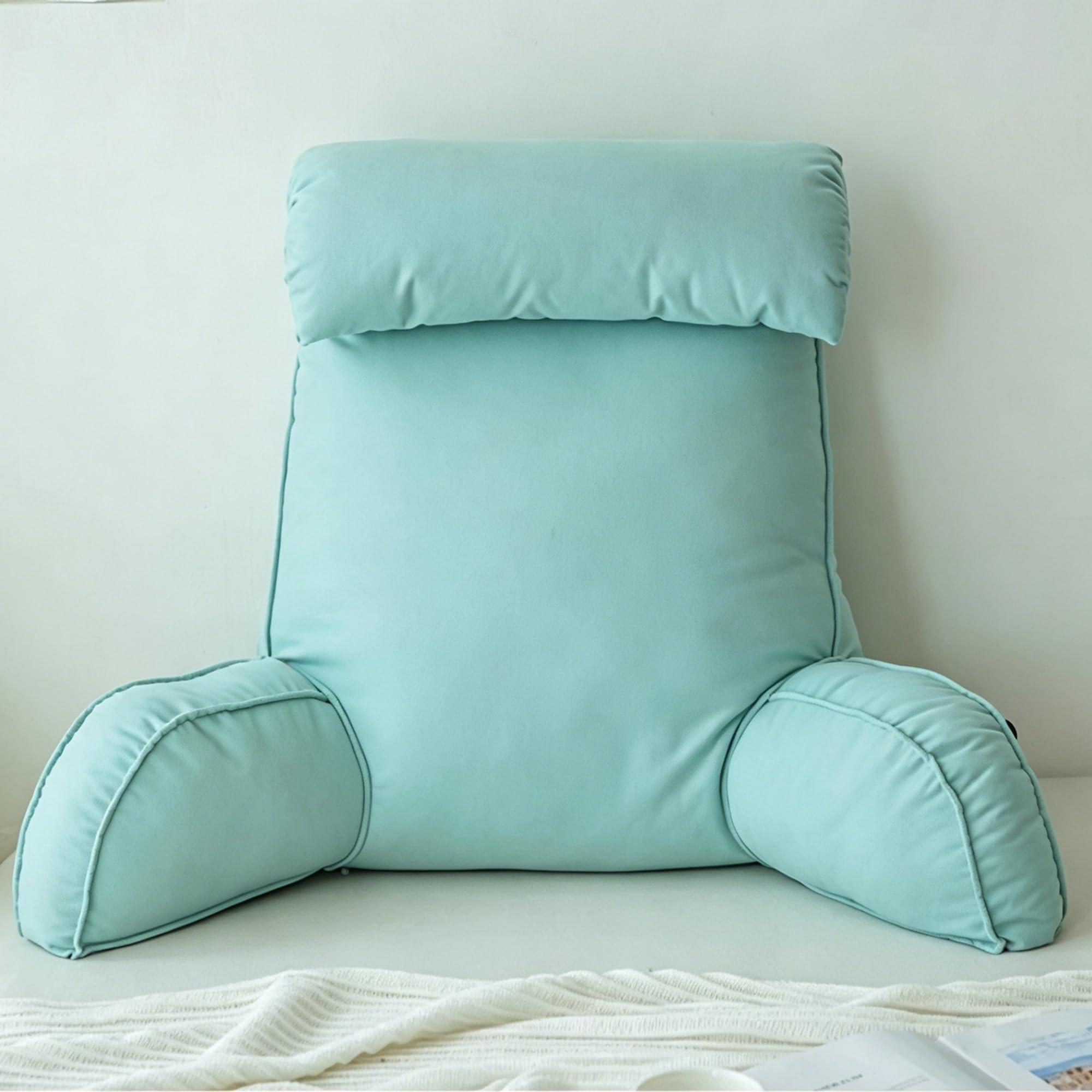 Hruile Cuddle Cushion with Headrest, Reading Pillows for Sitting in Bed Adult & Kids, Back Support Cushion with Detachable Neck Roll, Washable Backrest Support Pillow (75×40×55cm,Light Green)