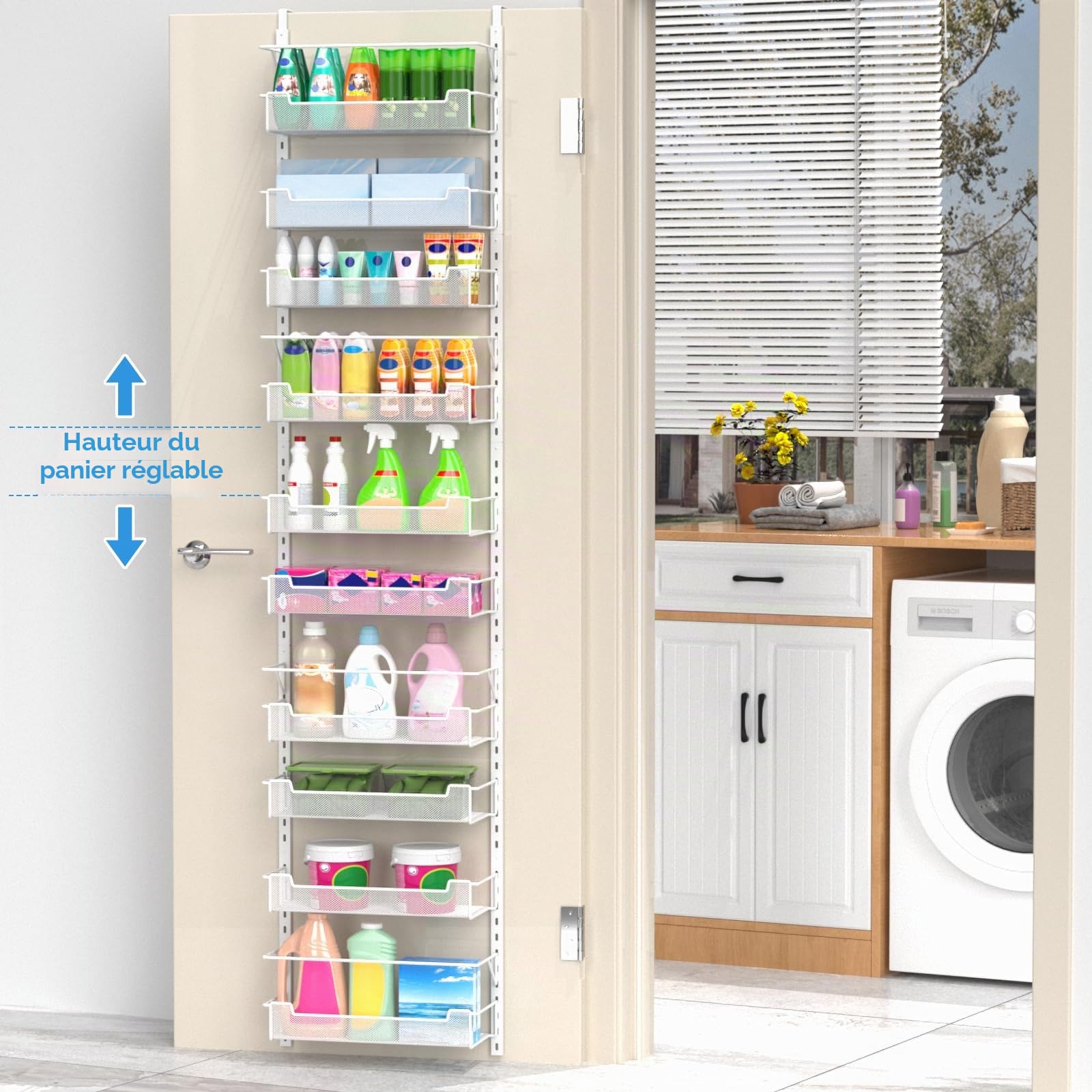 VyGrow Rangement au-dessus de la porte, 10 niveaux de rangement au-dessus de la porte avec panier réglable pour garde-manger, cuisine, salle de rangement, étagère à épices, blanc