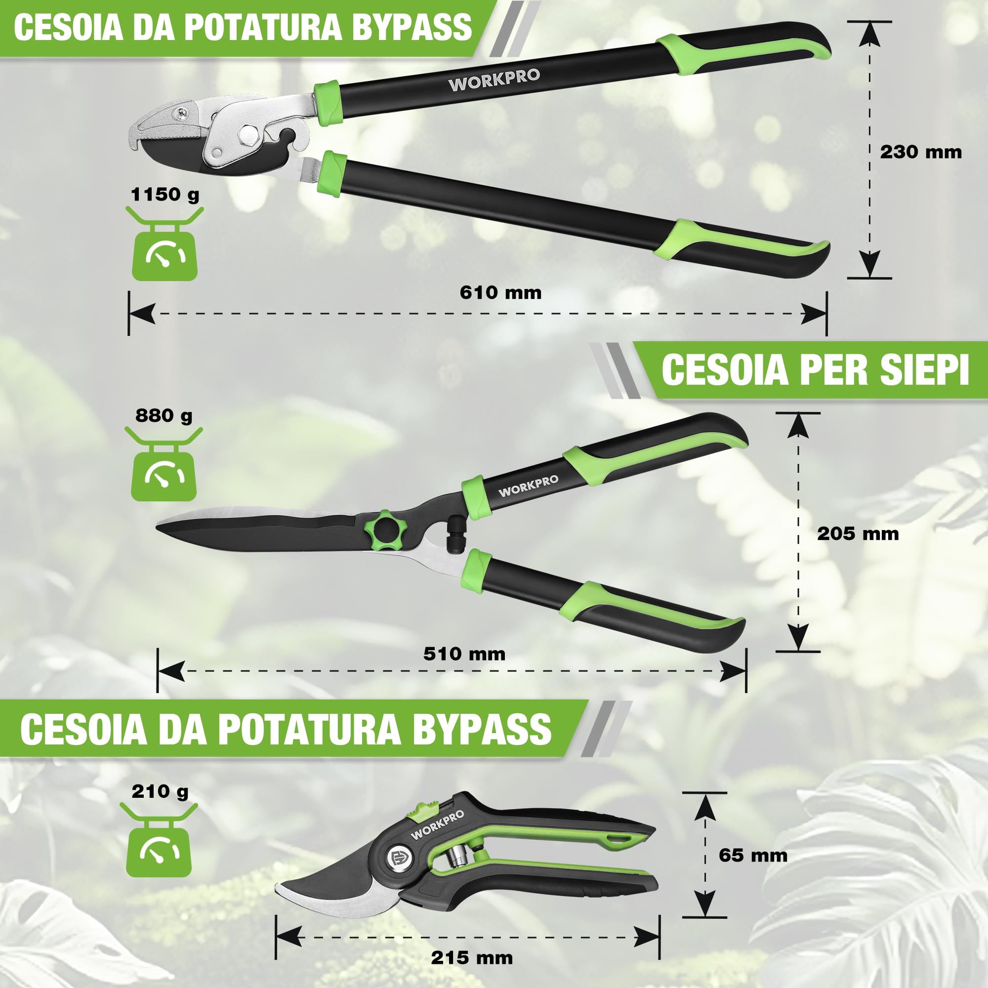 WORKPRO 3-Pezzi Set Forbici Cesoie da Potatura - Bypass, Troncarami a Incudine e Siepi - Attrezzi Giardinaggio Completo per Cura Piante