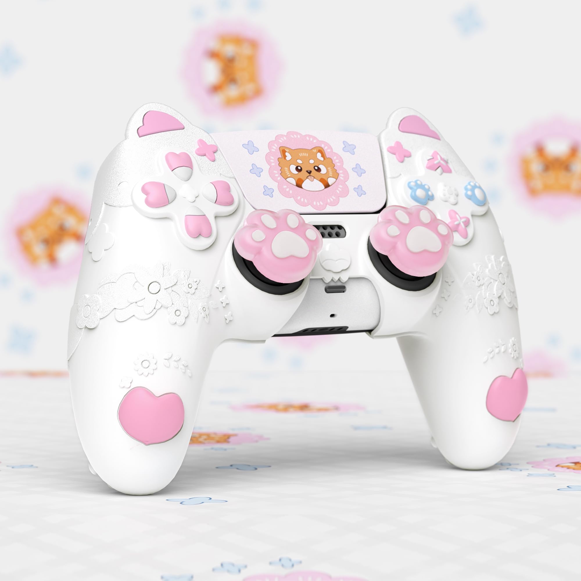 PlayVital Cover Controller per ps5 Joystick, Custodia Silicone Skin Antiscivolo&Copri Analogici&Adesivi, Adatto per ps5 Base di Ricarica, Panda Minore di Primavera Carino - Bianco