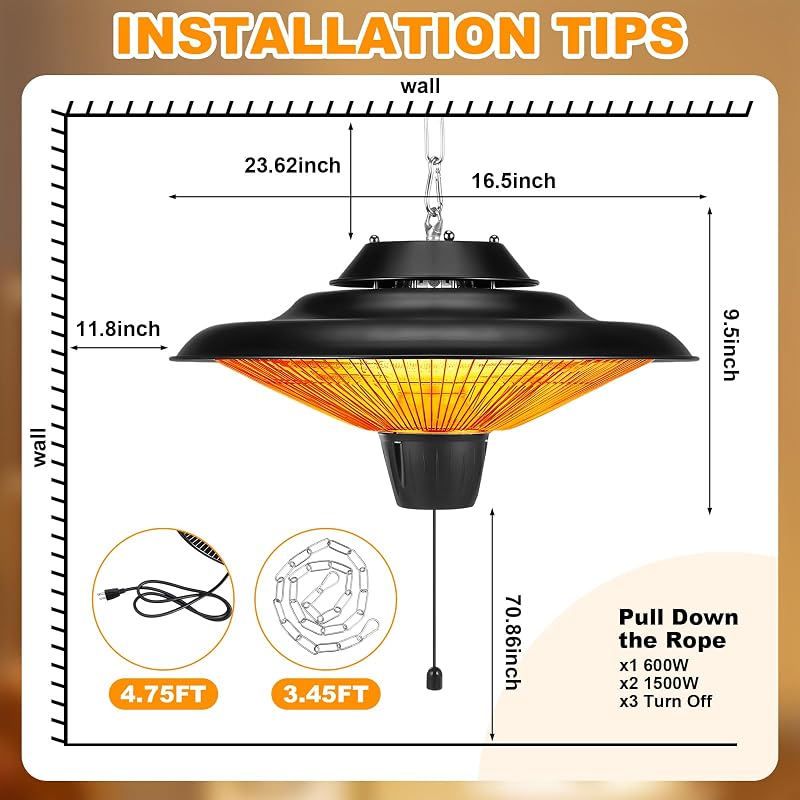 Glooglitter Outdoor Hanging Patio Heater 1500W Electric Hanging Ceiling image 2