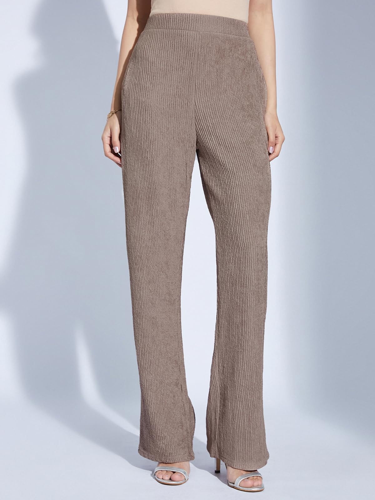 Selvia Women's Full Sleeve Textured Lycra Round Neck Top & Trouser 2 Piece Co-ords Set (759CTK11881N-S_Soft Brown) - Image 4 thumbnail