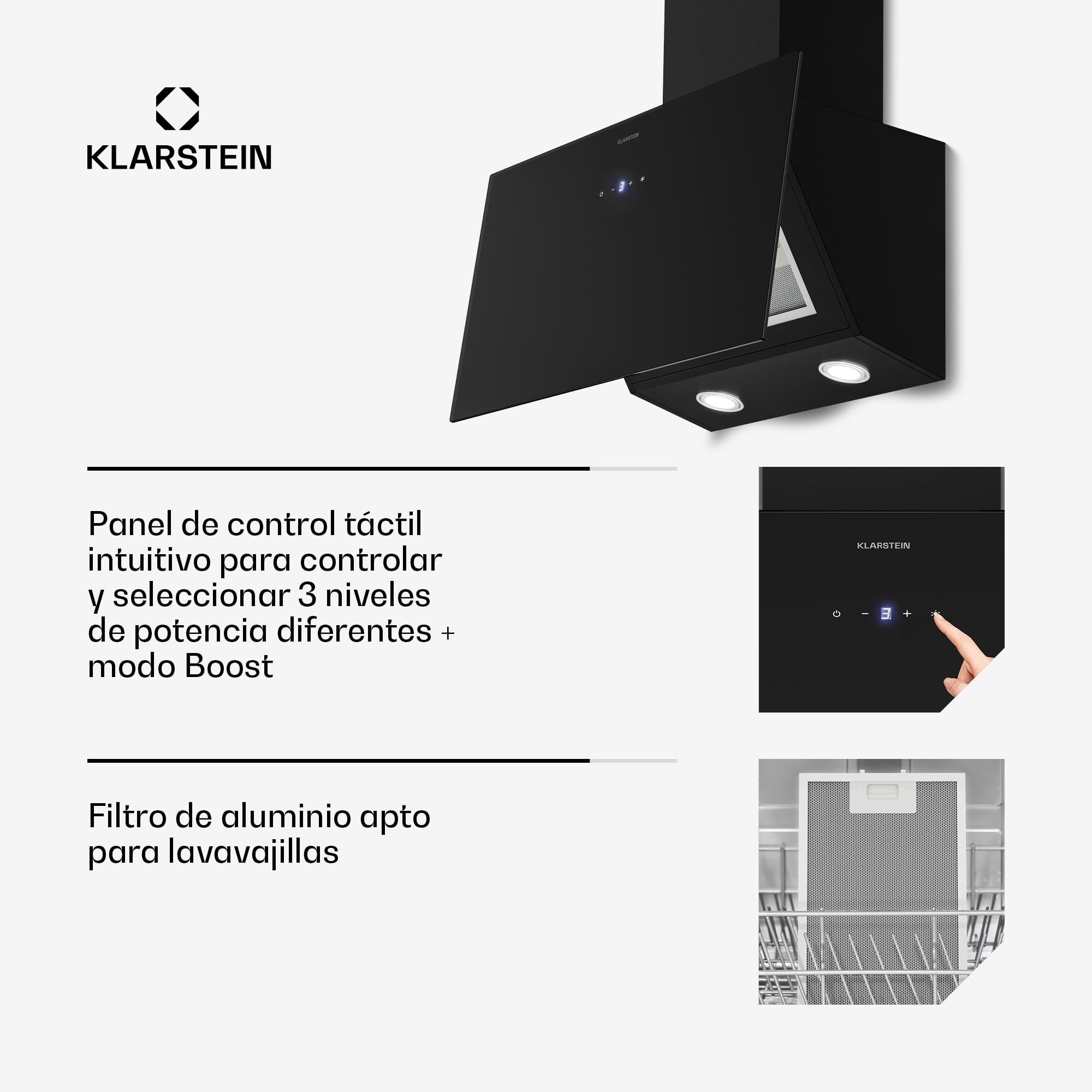 Klarstein Laurel Campana Extractora 60 cm - Angular, 417 m³/h, A+++, LED, 3 Velocidades & Boost, Filtro Carbón, Táctil, Recirculación o Extracción, Campana Extractora Decorativa Cocina, Negro