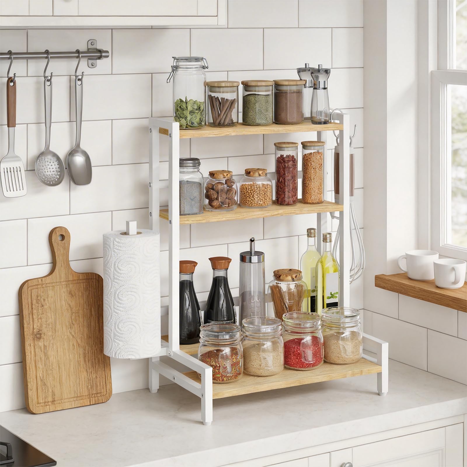 MAHANCRIS Kitchen Countertop Storage Shelf, Spice Rack Counter Top, 4-Tier Desktop Organiser with Towel Holder, Coffee Station, Seasoning Rack for Kitchen, Dining Room, Rustic Brown ASPBN17601