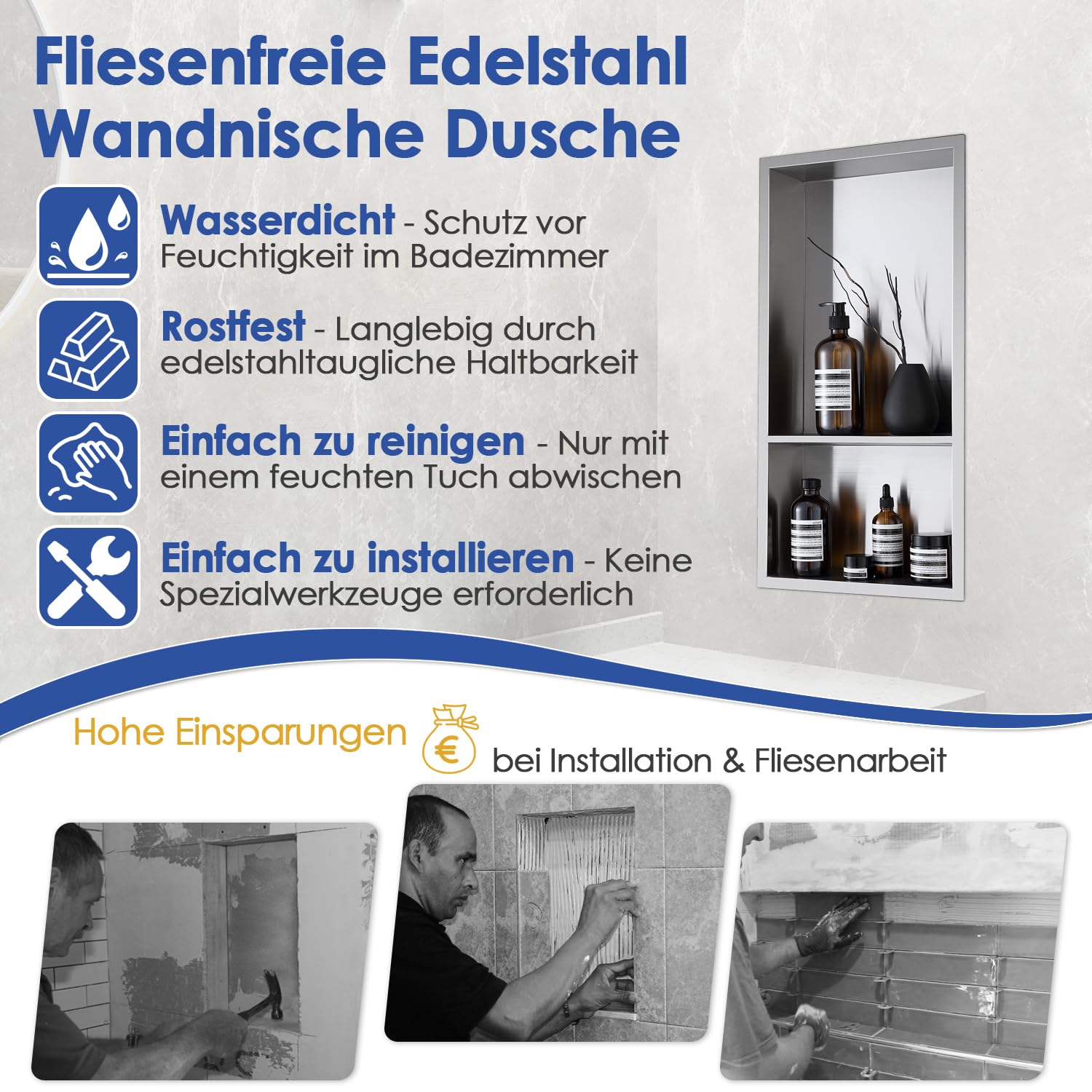 ROVOGO 60x30x10 cm Zweistufige Wandnische Dusche mit 2:1-Abteilverhältnis, Eingebettete Doppel-Duschnische Lagerung für Bad, Edelstahl 304 Einbaunische Übermontage, Einbauregal & Wandregal, Gebürstet