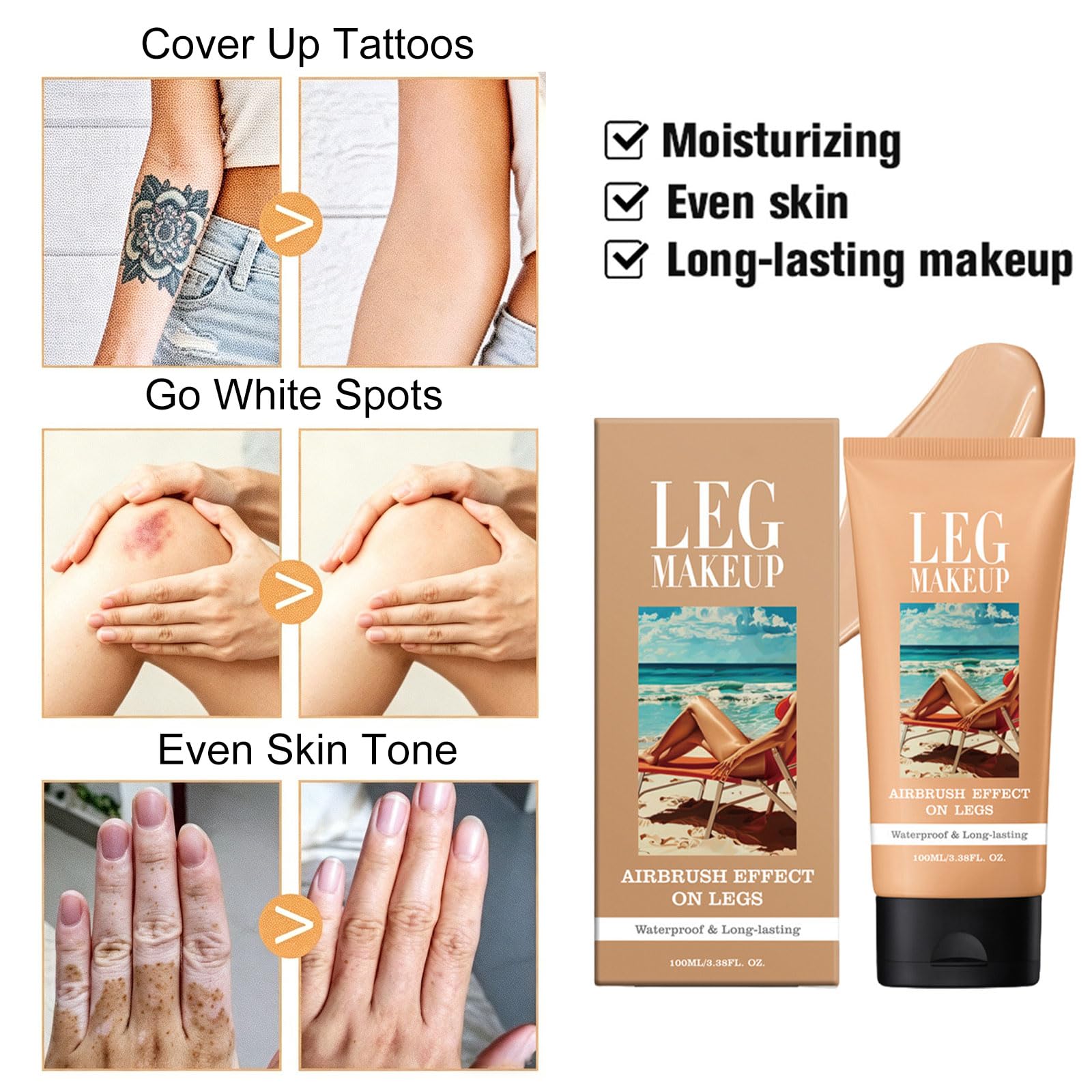 Fond de Teint Jambes Waterproof Leg Makeup with Brush Body Coverage Perfector Long-Lasting Sweat-Proof Coverage Concealer (#2)