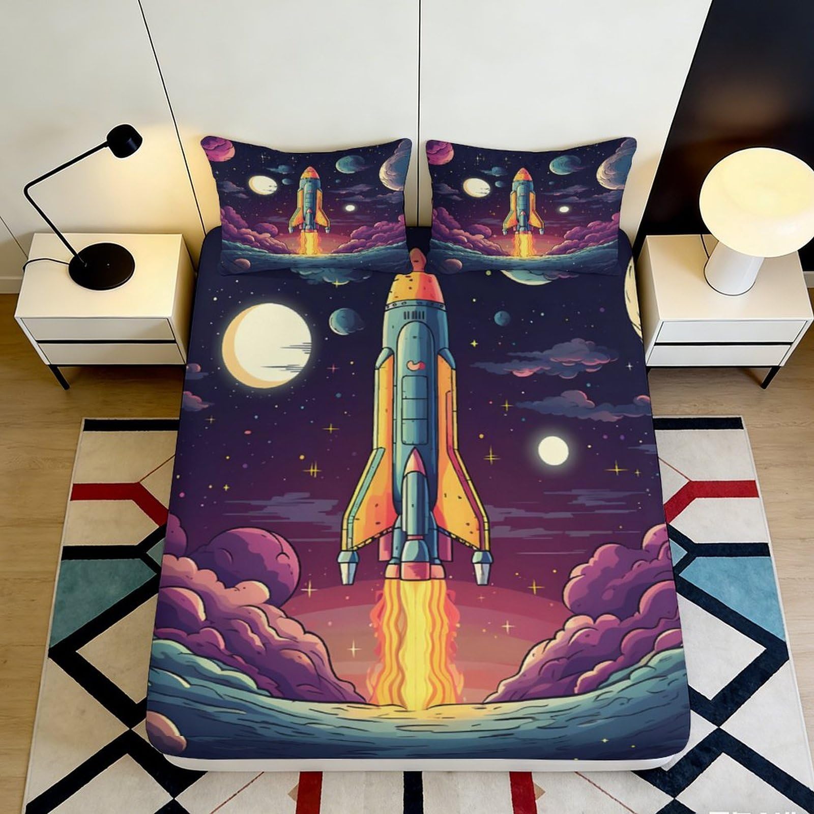 Jqzkxnhpbr Style-2 3D Printed Rocket Launch Fitted Sheet Microfiber Soft Astronaut Space Mattress Cover Bedroom Dorm Decor 90X200x25cm