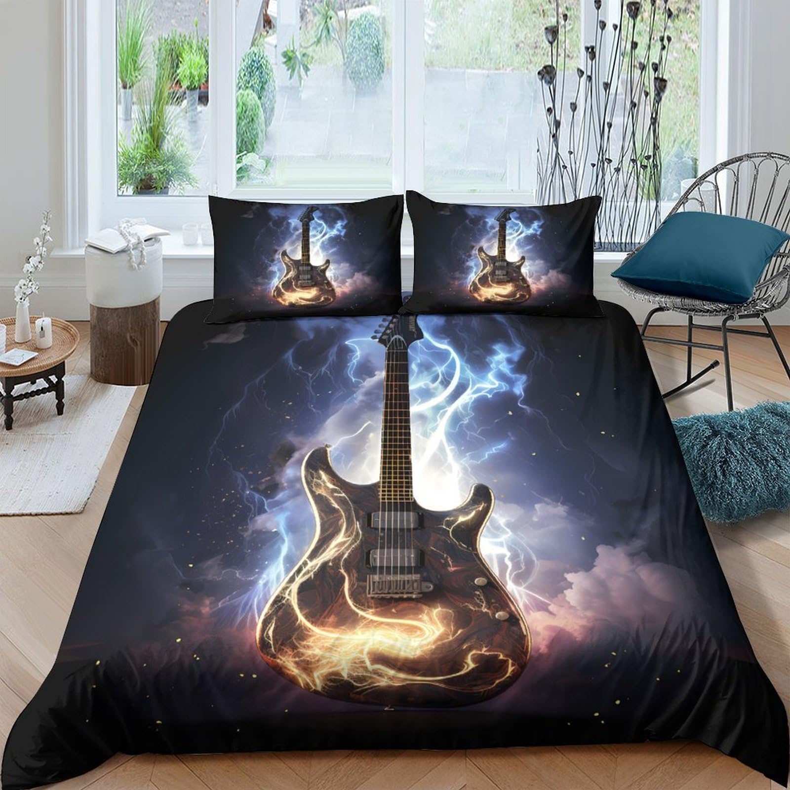 Ctjqhvkz Style-2 3D Printed Electric Guitar Fitted Sheet Microfiber Black Smoke Bed Cover For Bedroom Dorm Mattress Decoration Single（135X200cm）