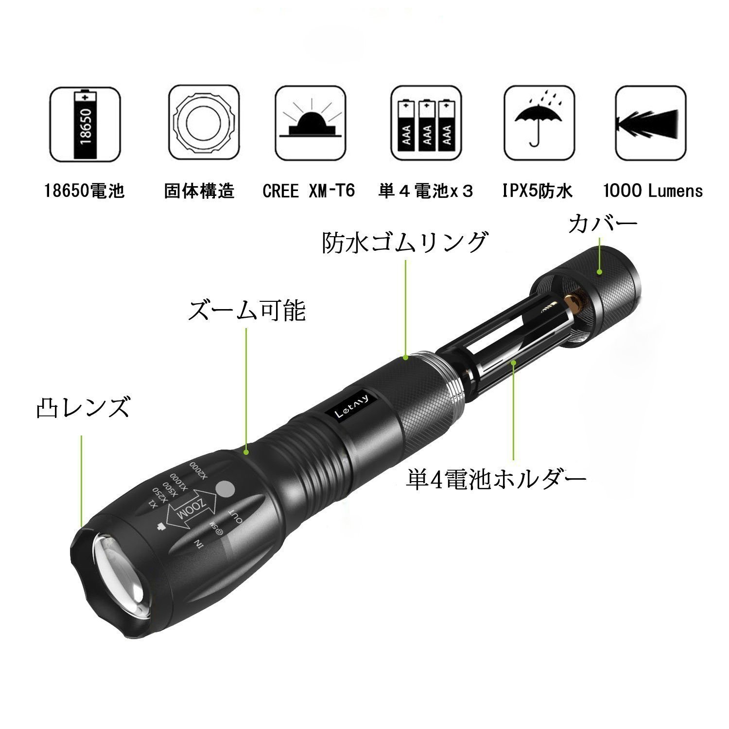Amazon | Letmy 懐中電灯 ledライト 超高輝度 1000ルーメン 強力