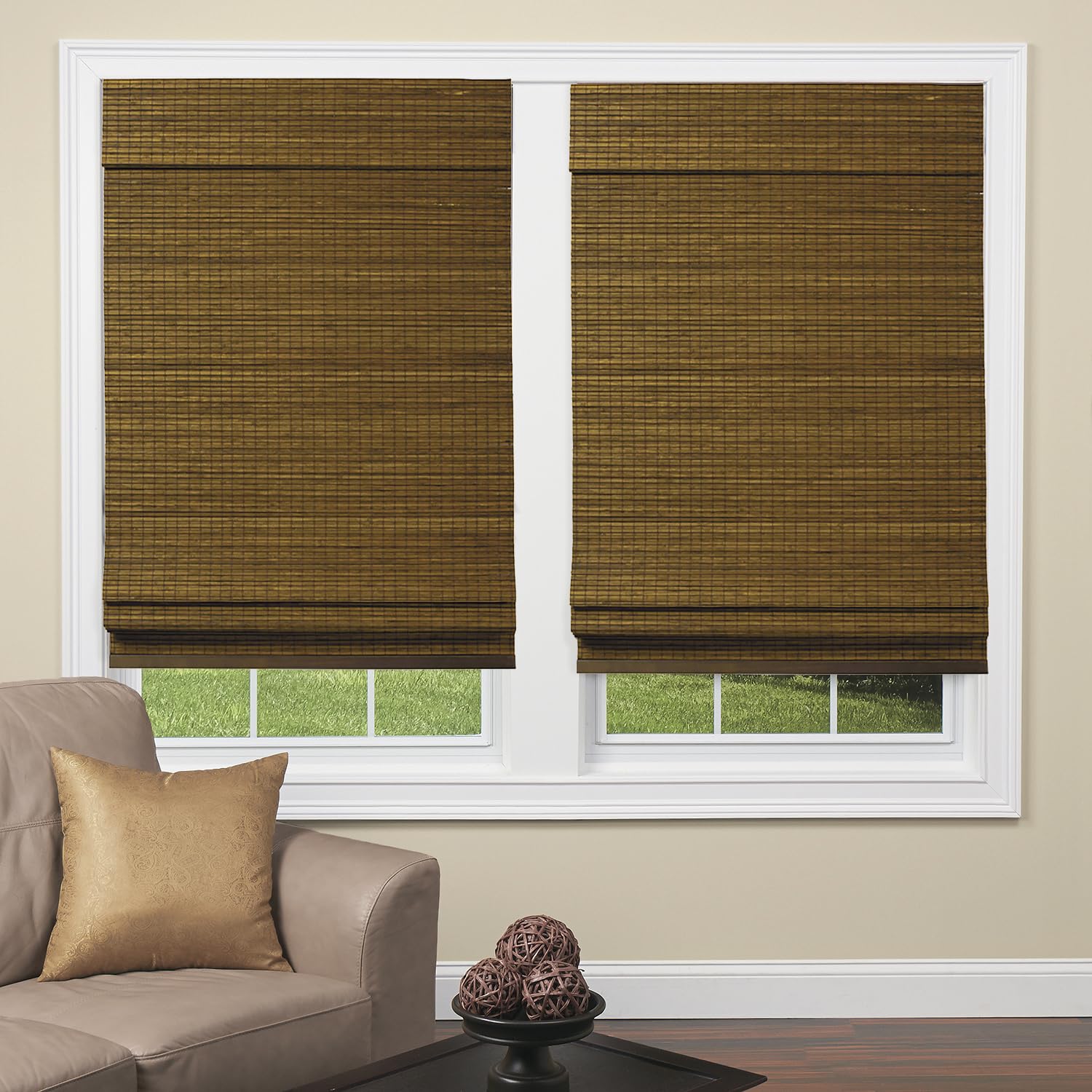 The Shade & Shutter Factory Berkshire Cordless Zig-zag Bamboo Roman Shades (Brown 39 in. W x 64 in. L)