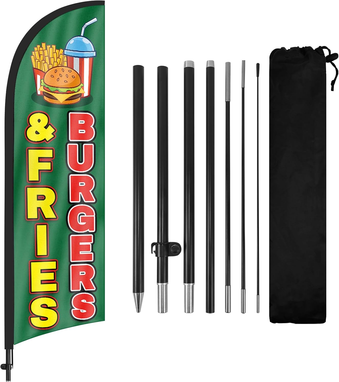Burgers and Fries Advertising Swooper Flag Banner, Burgers and Fries Feather Flag with Flag Pole and Ground Stake, 8Ft Advertising Feather Banner Sign for Burgers and Fries Business