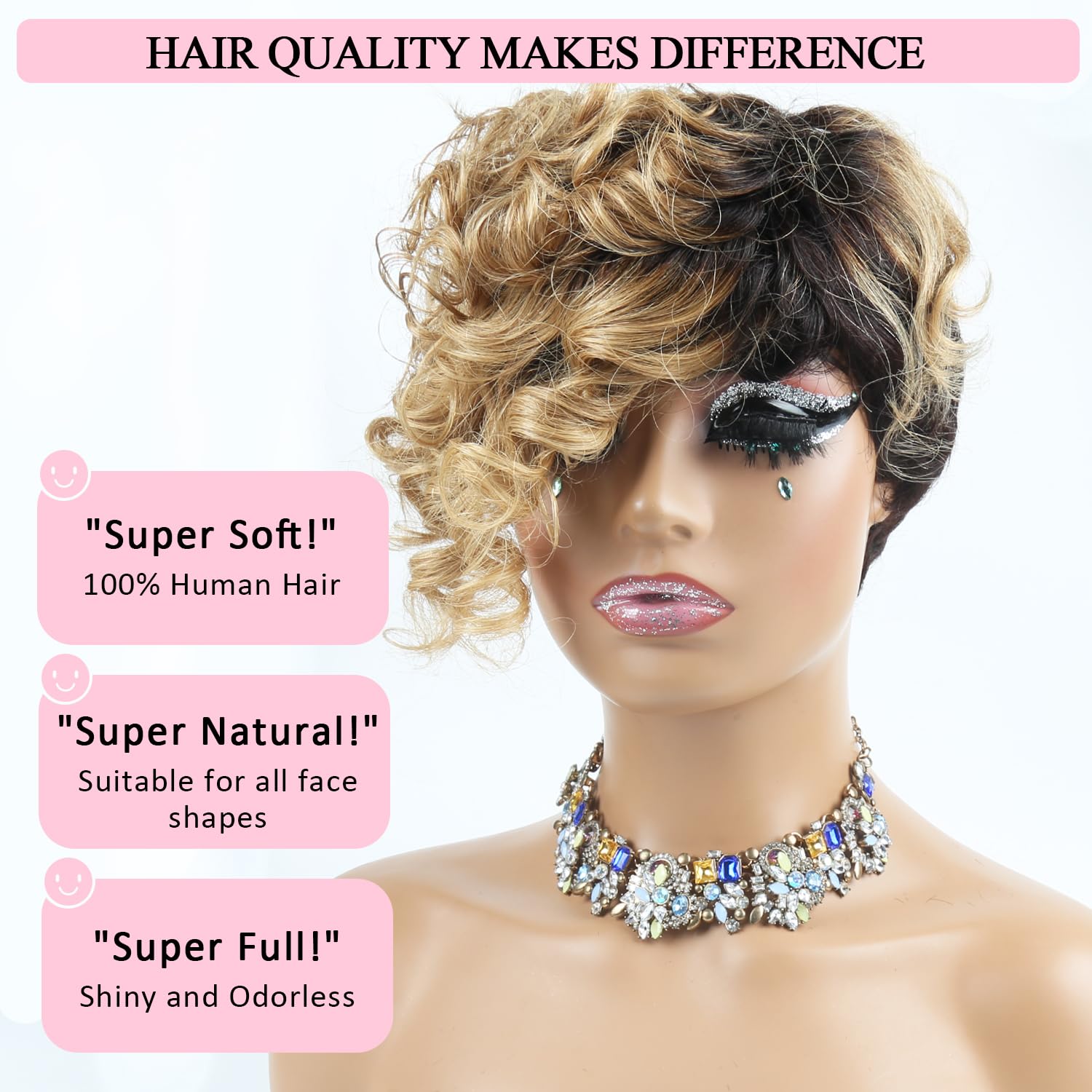 Short Pixie Wig 100% Human Hair Glueless Easy Wear Straight Natural Blonde Ombre Amazon.com : HAIRCUBE Short Ombre Blonde 100% Human Hair  main image 3