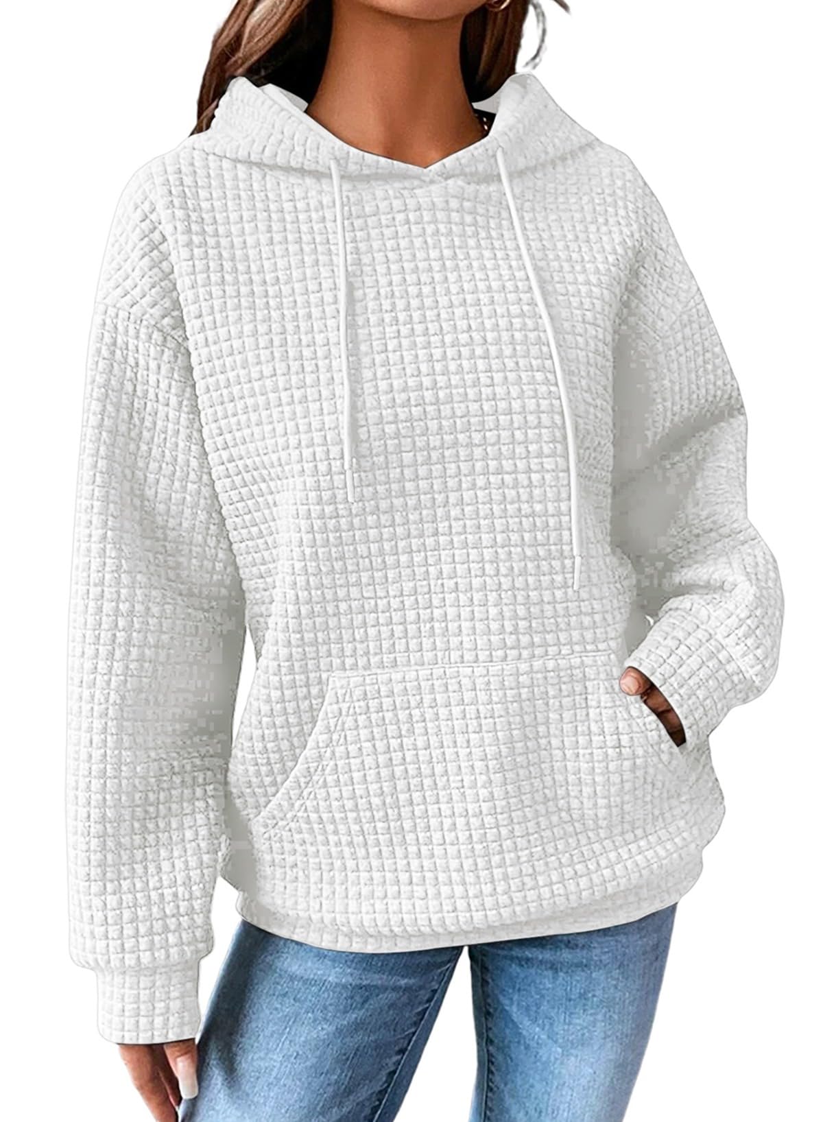Dokotoo Kapuzenpullover Damen Hoodie Waffel Pullover mit Taschen Kordelzug Sweatshirt Einfarbig Langarmshirt Lässig Oberteile S-XXL