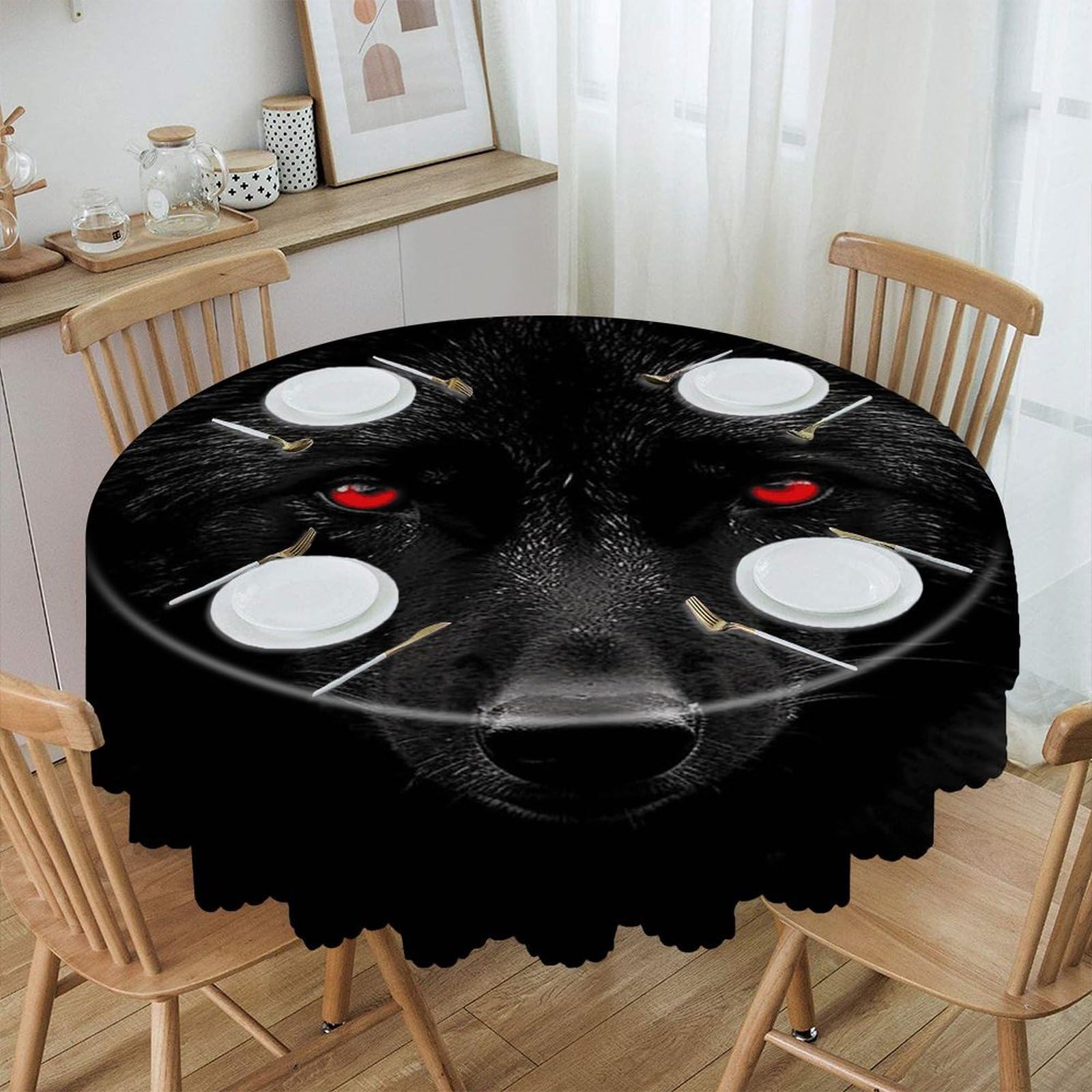 VstaDank Black Red Eyed Wolf Round Tablecloth Premium Polyester Table Cloth Heavy Duty Washable Fabric Tablecloth Waterproof Holiday Table Cover Decorative Tablecloths for Dining 60"