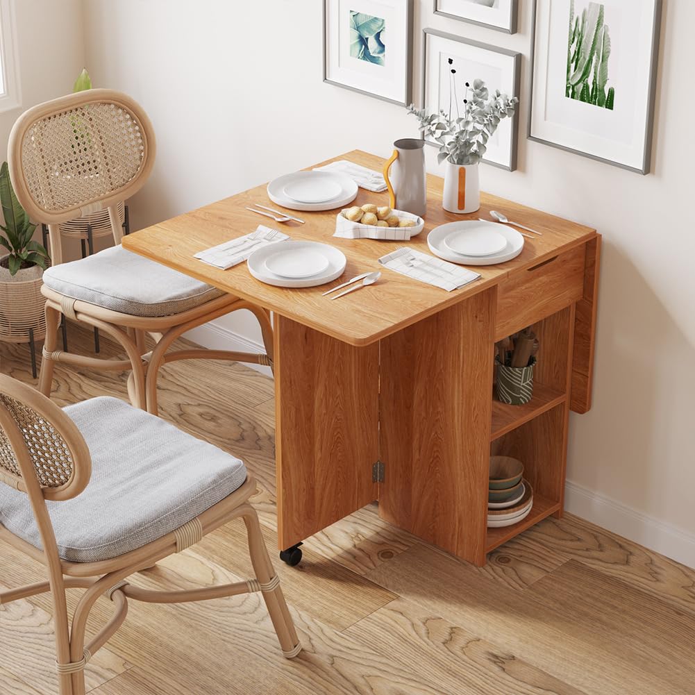 Shally Dogan Tavolo da Pranzo Pieghevole Salvaspazio con Ruote, Scrivania Richiudibile con 2 Ripiani e 1 Cassetto, Design Moderno Multiuso Ideale per Casa, Ufficio, 120 x 77 x 75 cm (Legno)