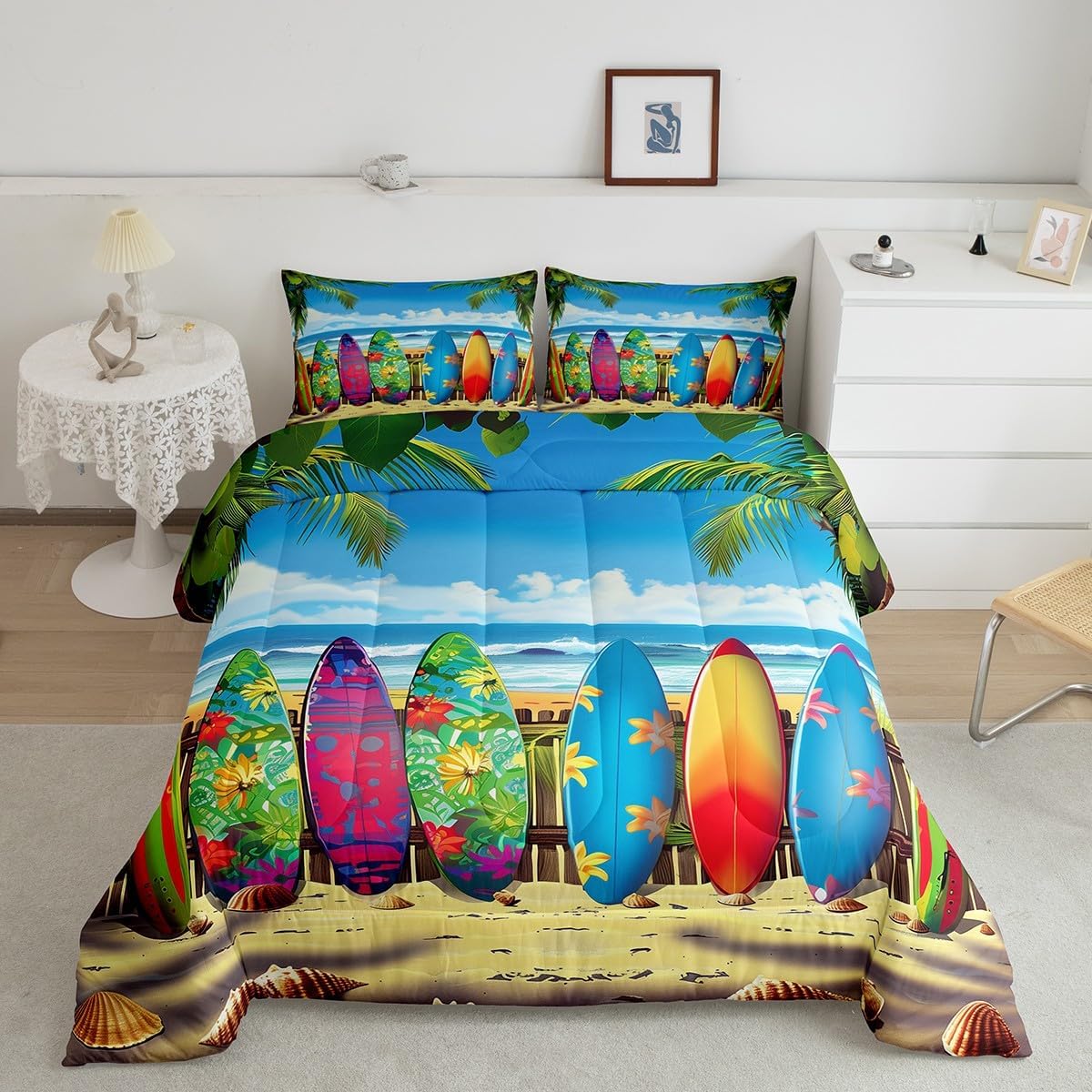 Erosebridal Surf Down Comforter Boys Colorful Surf Board Bedding Sets for Kids Girls Hawaii Beach Surfing Comforter Set King,Summer Surboard Vacation Seaside Bed Set for Men Women